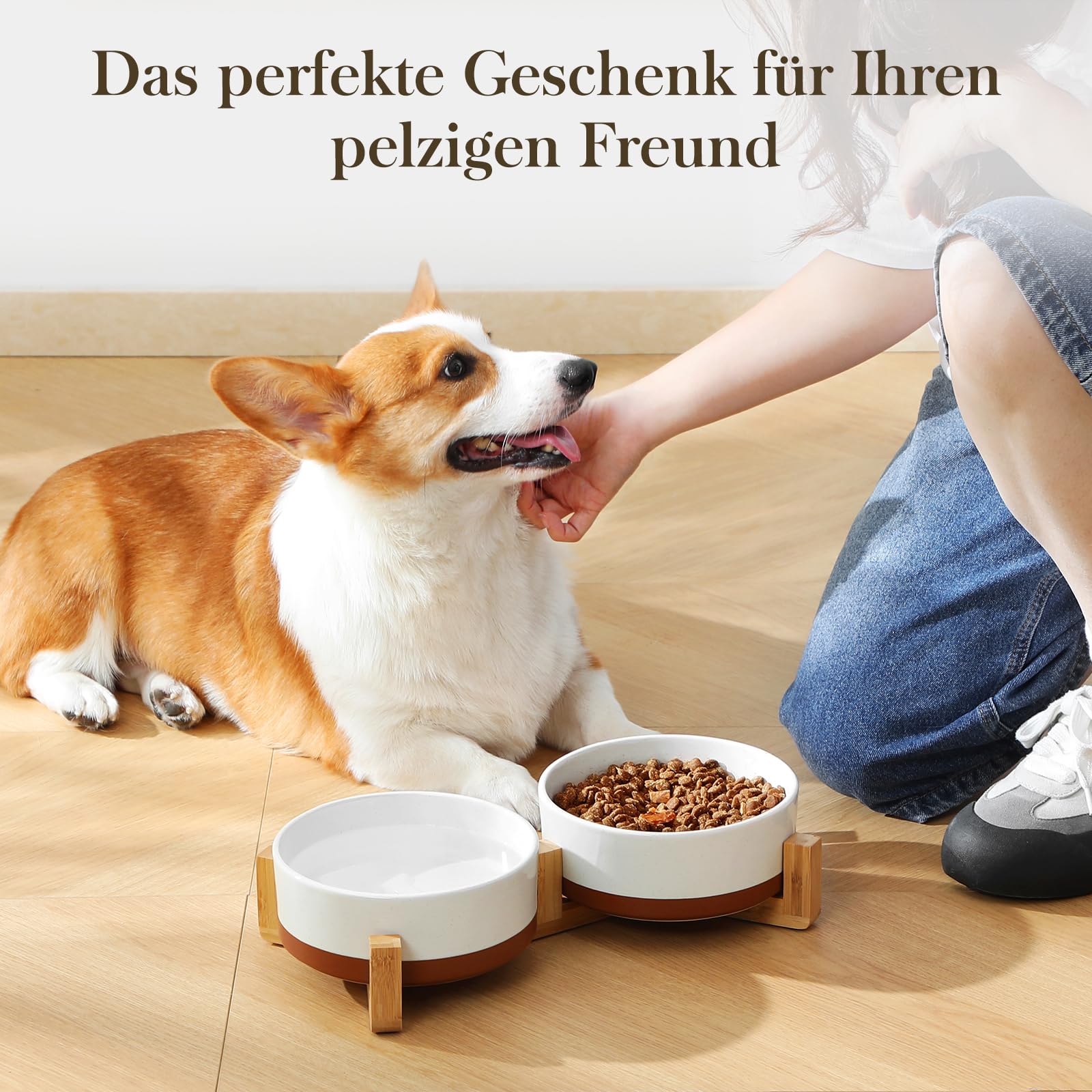 MALACASA Hundenapf Keramik mit Bambus Ständer, 1140 ml Doppelte Futternapf für Mittelgroße Hunde Katzen, futternapf und wassernapf Hund, Rutschfester Stand, Spülmaschinenfest