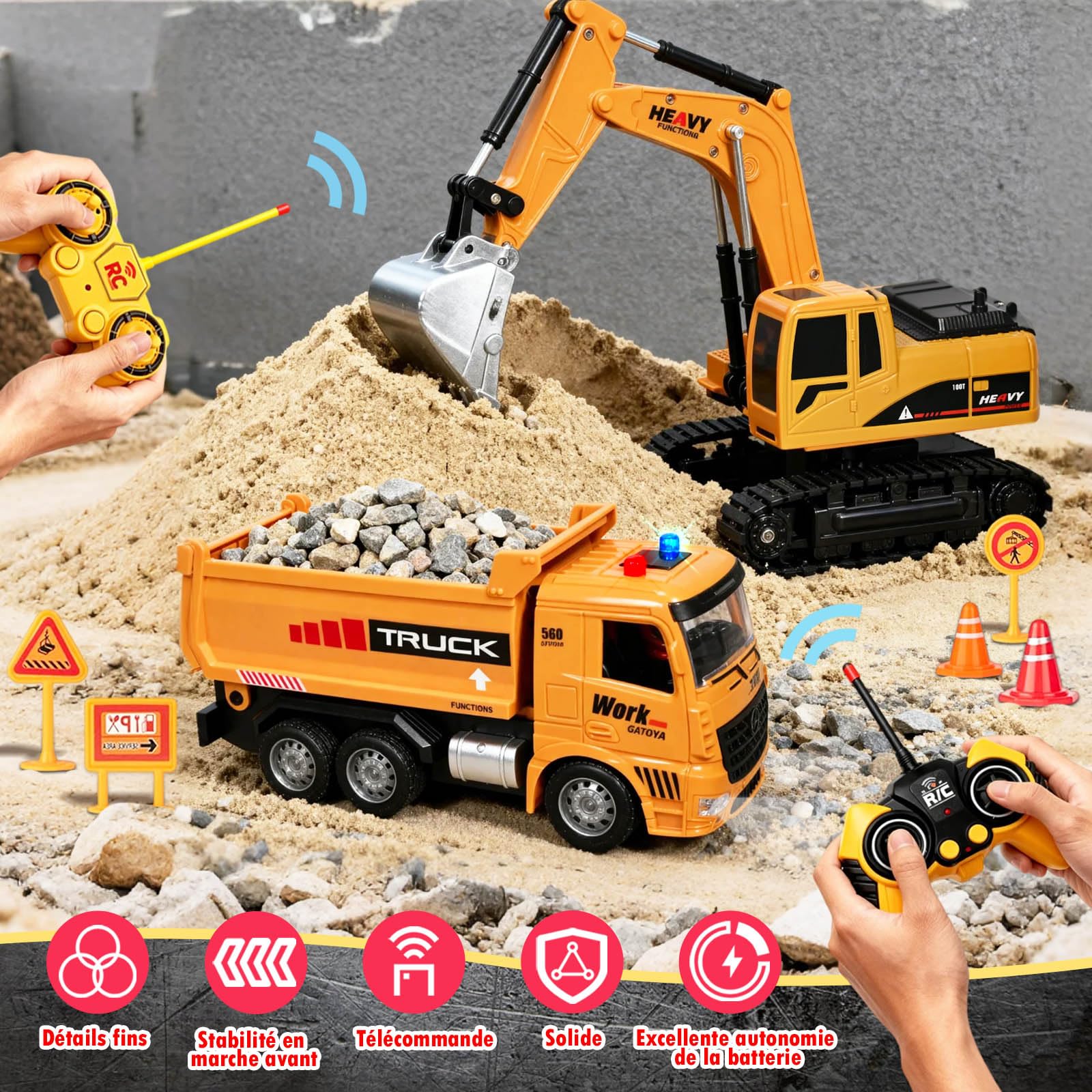 Pelleteuse Télécommandée et Camion-Benne Télécommandé, 2 Véhicules de Chantier 2.4GHz avec Panneaux Routiers, Barrières, Pierres Simulées, Lumières, Sons, Cadeau d'anniversaire pour Enfants de 6 Ans