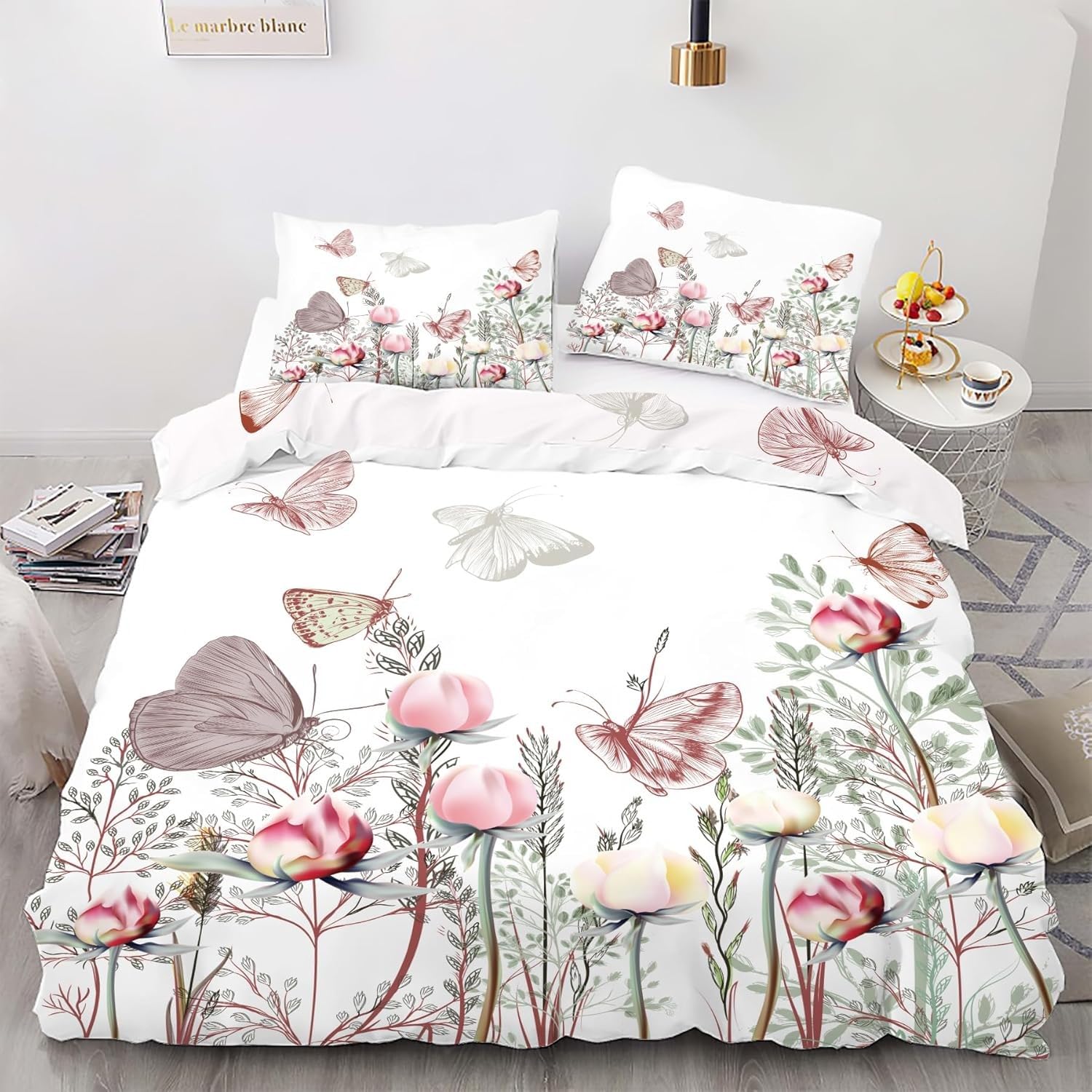 Housse de couette 240x260 microfibre imprimé papillon 3D avec taies de lit