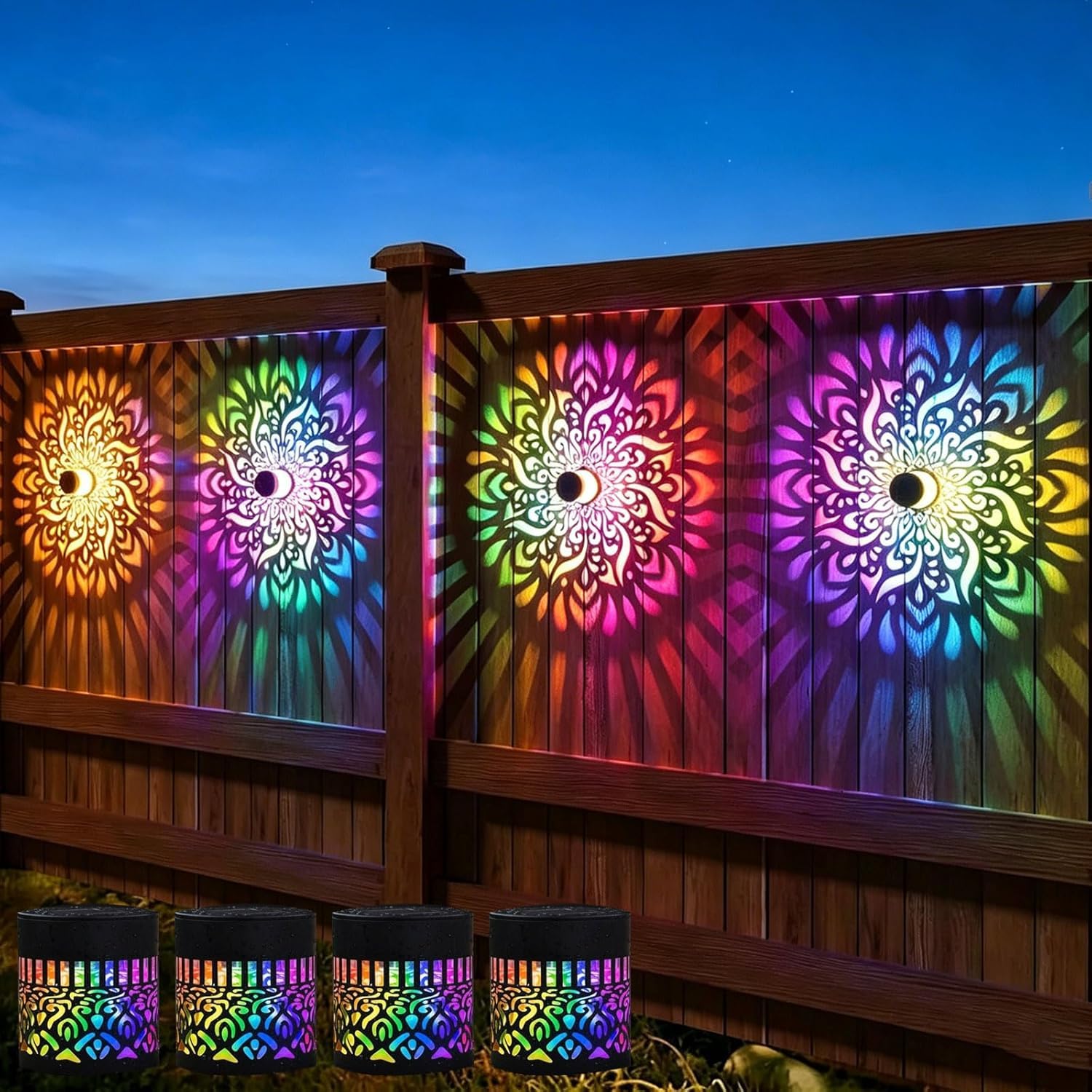 Solar Mandala Wall Lights, Seven-Color Changing Mandala Solar Lights Outdoor Garden Fence Waterproof Lights for Yard Post Patio Backyard Decor ๏ผ4pcs