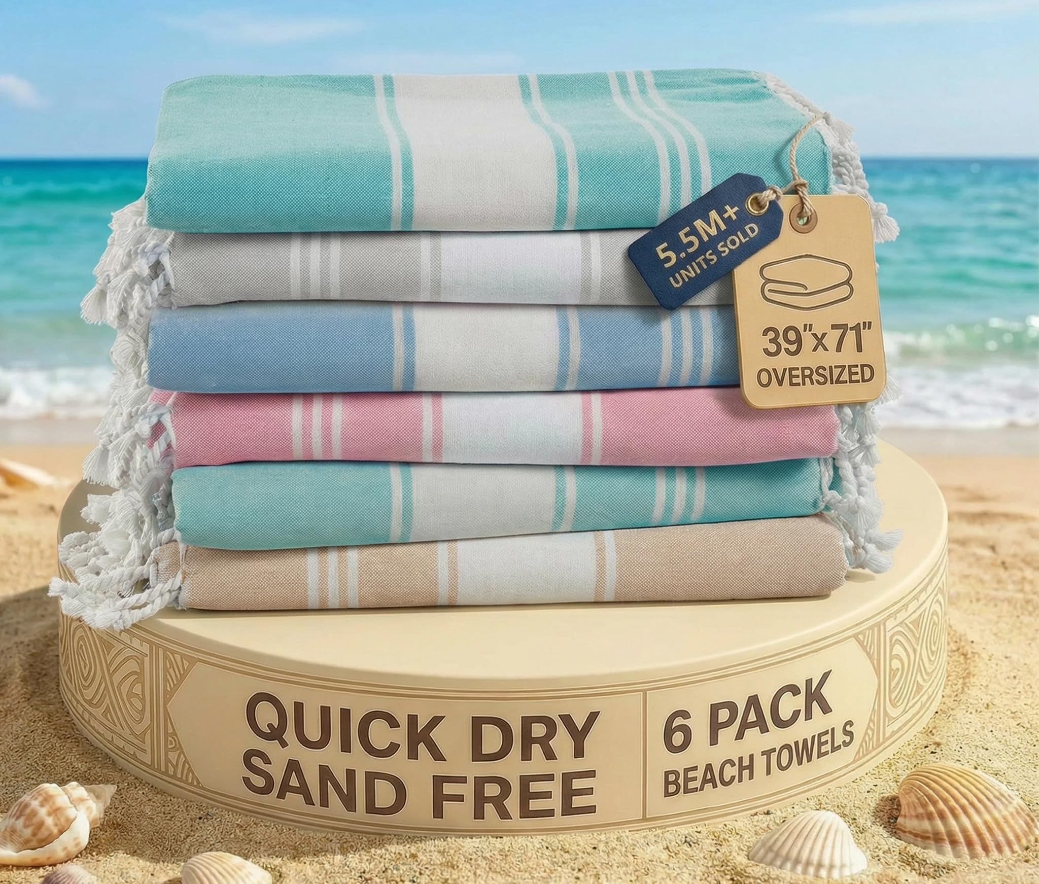 LANE LINEN Turkish Beach Towels for Women, Set of 6 - Large 39"x71", Pre-Washed, No-Shrink, Sand-Free, Quick Dry, Lightweight, Soft Beach Bath Towels - Vintage Beach