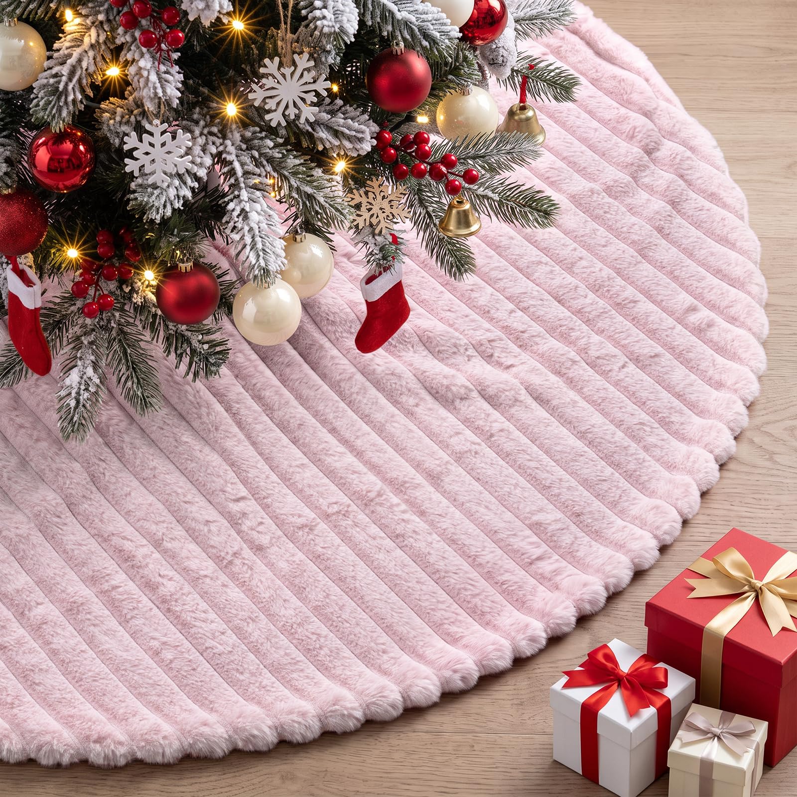 Lanpn Christmas Tree Skirt 40cm, Faux Fur Xmas Tree Skirt Plush Winter Christmas Tree Mat for Small Mini Pencil Slim Artificial Trees Winter Home Party Indoor Xmas Decor (Pink, 16 inch)