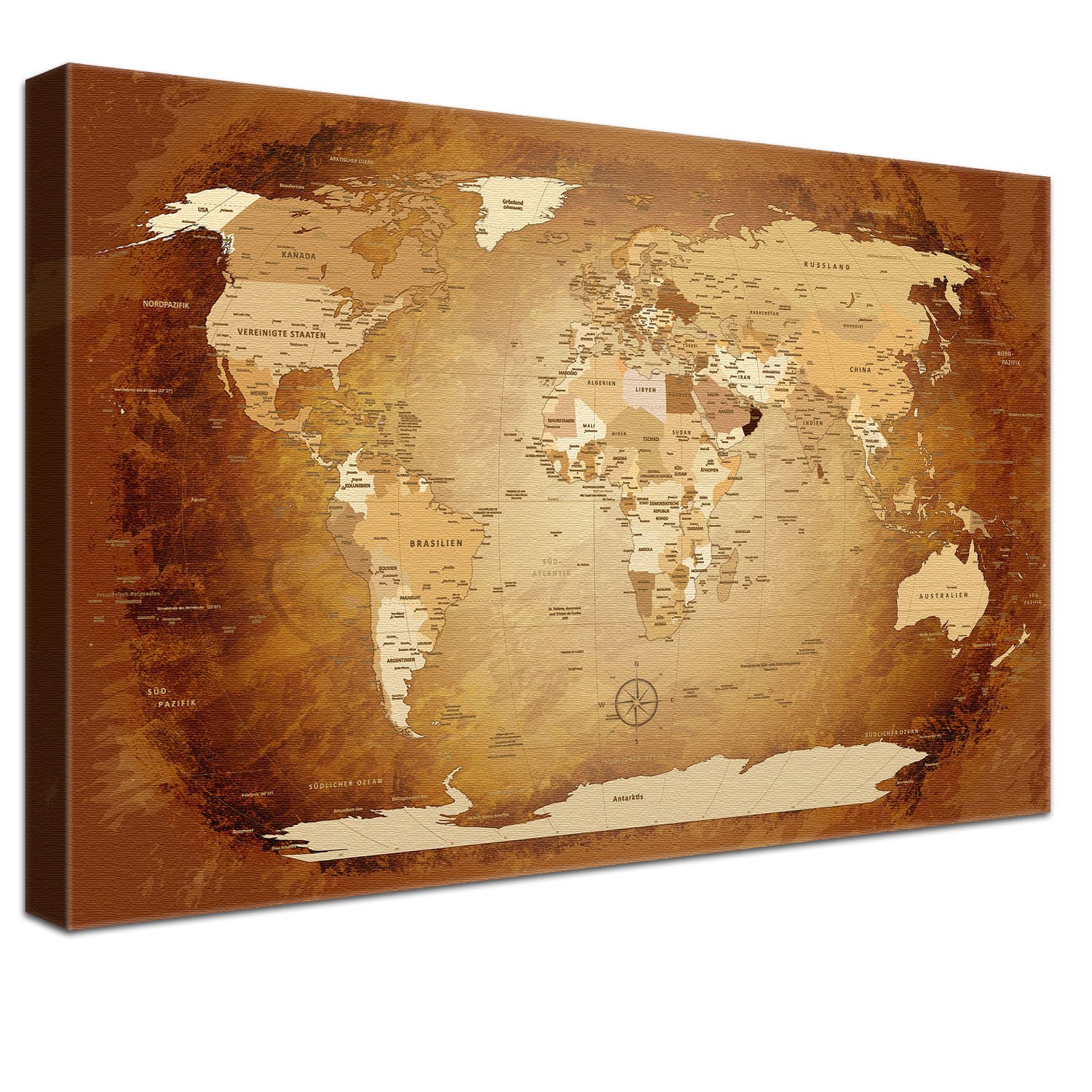 LanaKK Weltkarte "Worldmap Braun Colorful" – Deutsch, Auf Echtholz-Keilrahmen (4 Cm), 120x80 Cm, Leinwand-Pinnwand