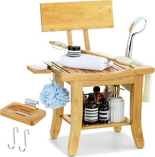 ETECHMART Bamboo Shower Bench with Back and Soap Dish, 2-Tier Shower Chair Bath Seat with Handle for Bathroom Bathtub Elderly Disabled, Waterproof Wood Spa Stool for Inside Shower Legs Shaving, Bamboo