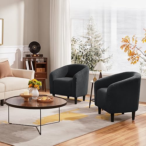 Miniatura 32 de Yaheetech Silla decorativa de respaldo curvo y cuero de imitación, silla de club, elegante sillón de velluda tela sherpa, suave y cómodo relleno,