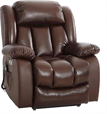 MAEVIS Large Lay Flat Sleeping Genuine Leather Power Lift Recliner Chairs for Elderly with Heat and Massage, with Dual OKIN Motor,Overstuffed Wide Recliners for Living Room,USB Ports (Brown)