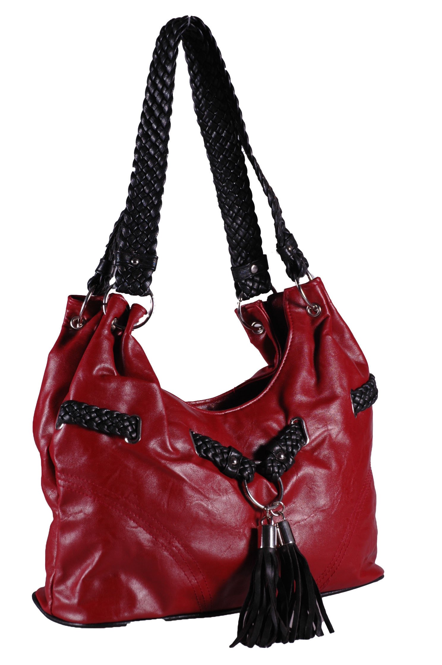 Eye Catch Women's Red - Florence Faux Leather Braided Handle Tote Shoulderbag Handbag