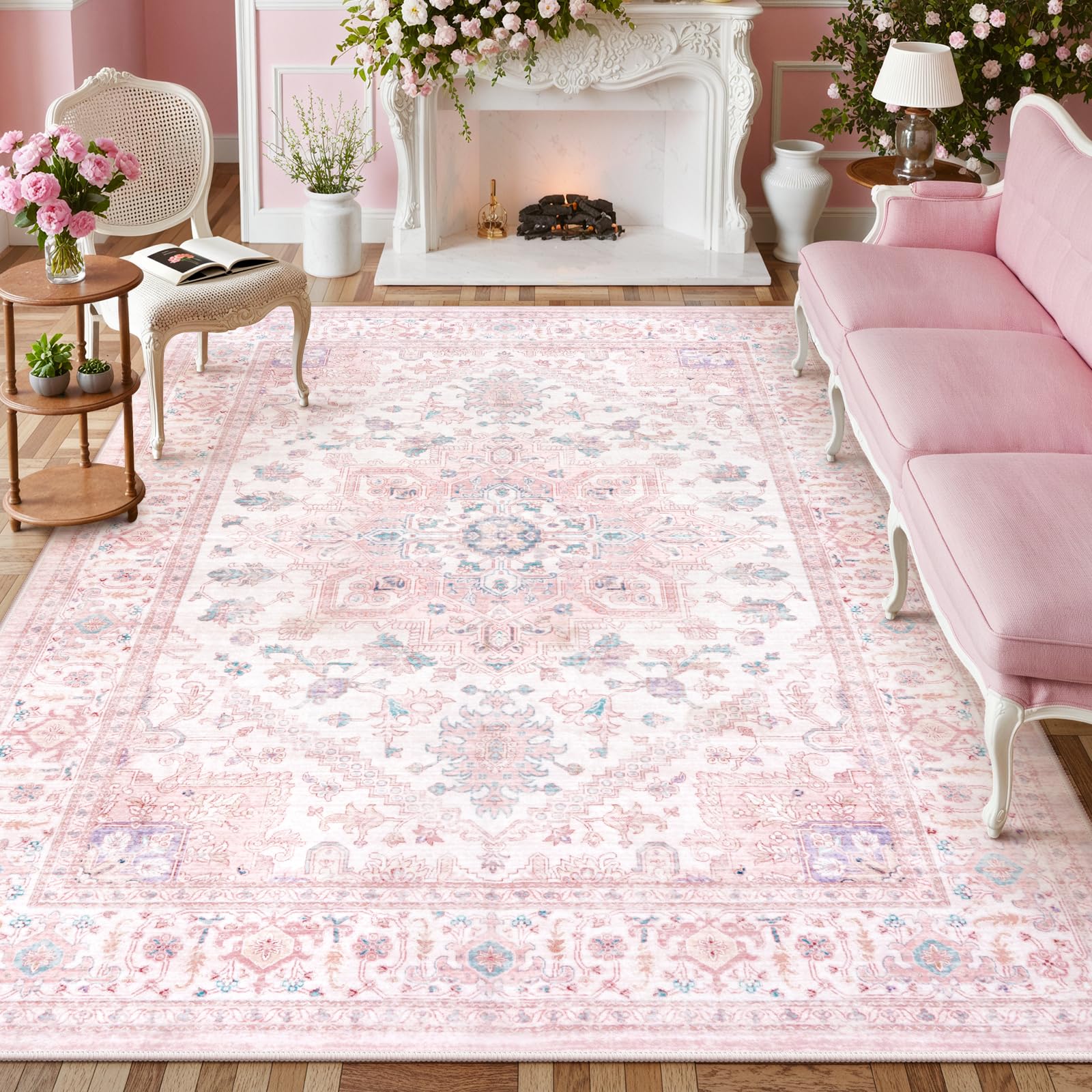 Photo 1 of *****FINAL SALE******LIVEBOX Pink Washable Area Rug 8x10 - Large Vintage Tribal Living Room Rug Oriental for Bedroom, Non-Slip Retro Medallion Carpet Print Distressed for Dining Room Nursery Dorm Home Decor