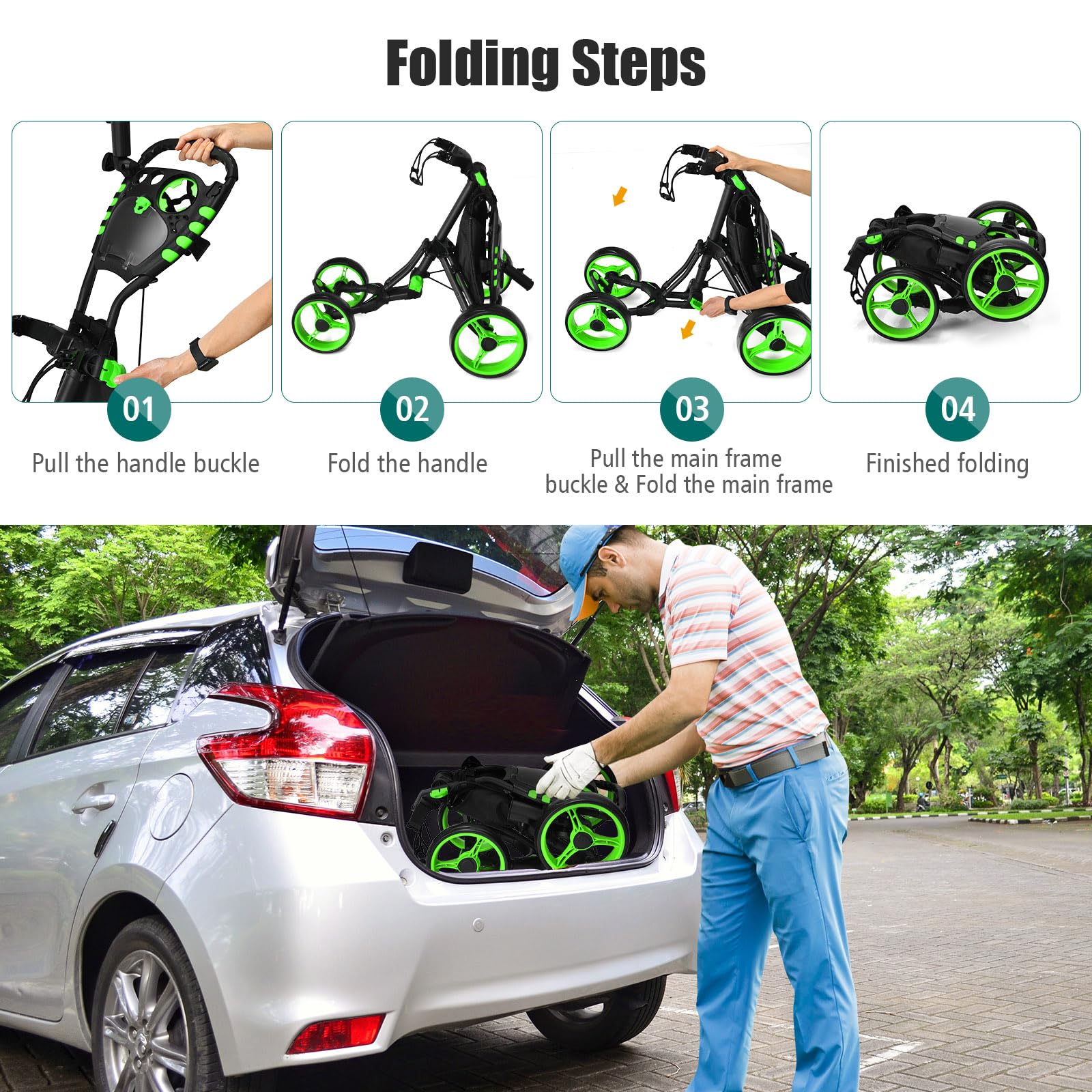 LIFEZEAL Carrello da golf leggero con 4 ruote, carrello da golf pieghevole con borsa, freno a pedale e maniglia regolabile, 110 x 65 x 100 cm