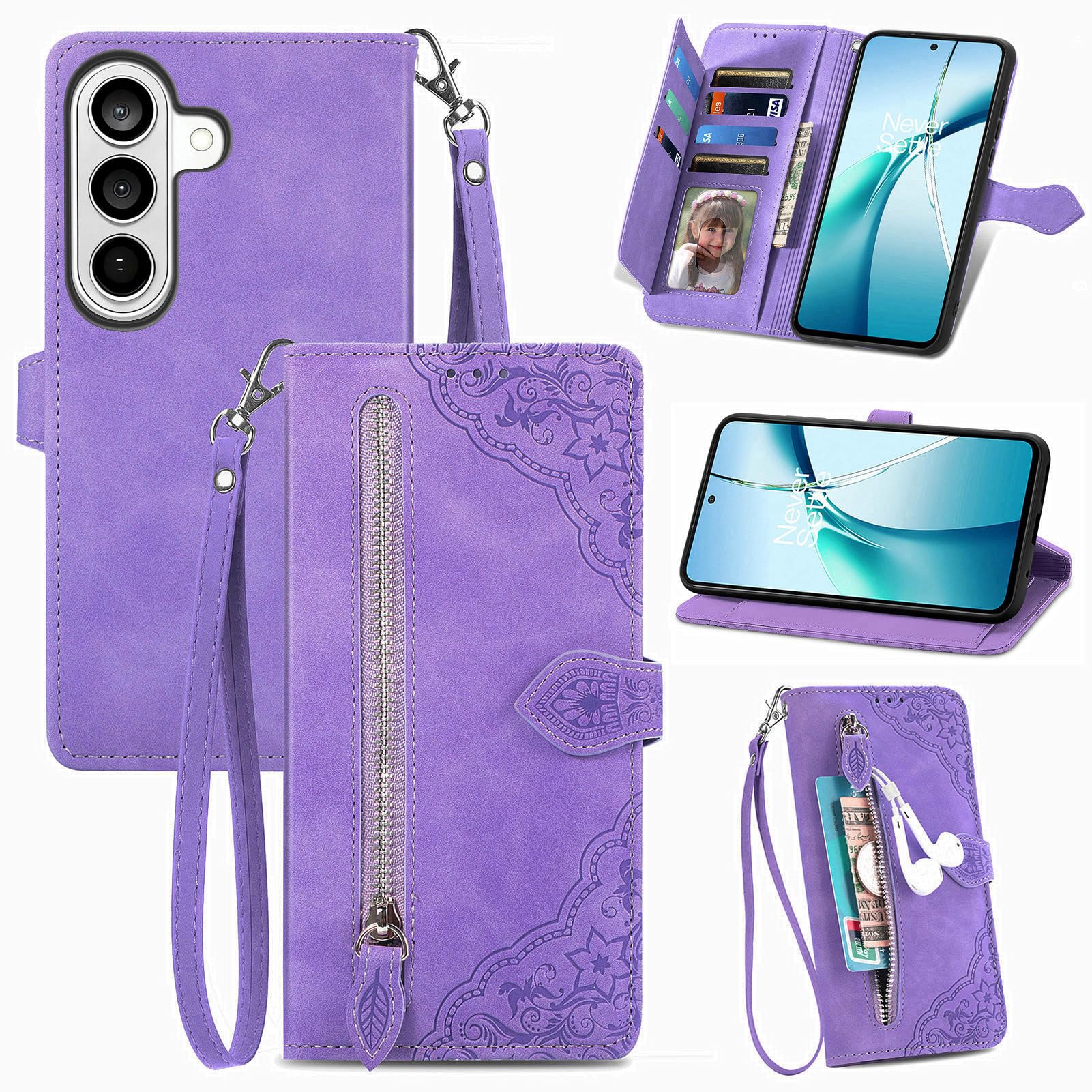 Case for Samsung Galaxy S26, Leather Wallet Flip Book Cover with Card Holder, Stand and Hand Strap Pretty Flower Shockproof Shell Skin, Purple