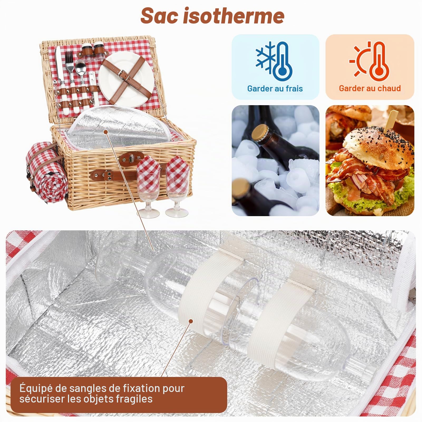 Panier de pique-nique pour 2 personnes - Avec compartiment isotherme et couverture de pique-nique imperméable - Fabriqué à la main - Cadeau pour camping, plage, randonnée (RotCheck)