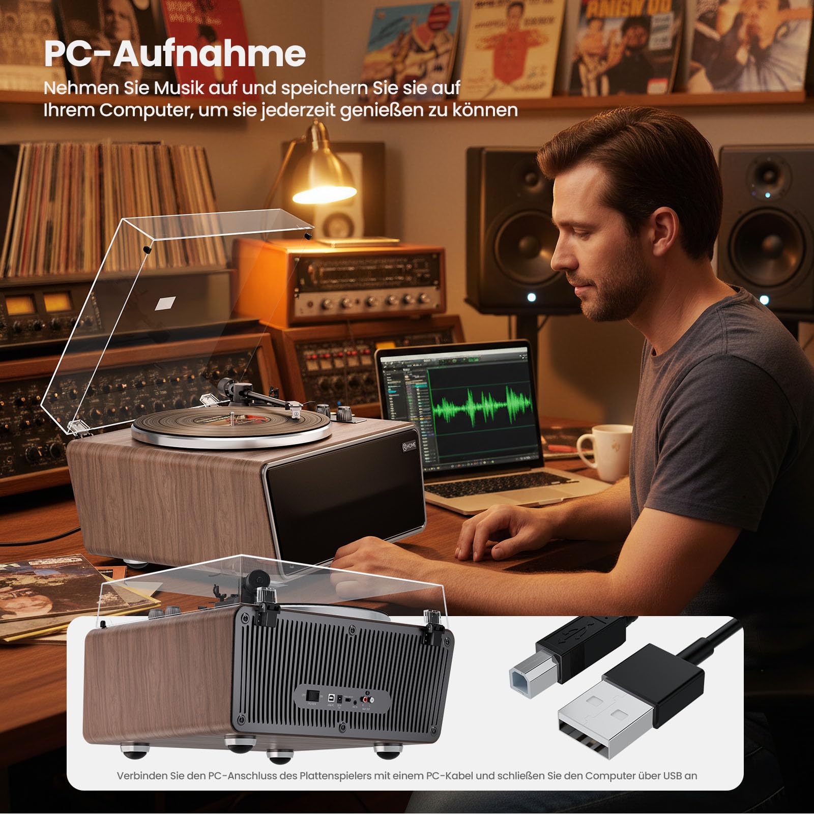 All in One Plattenspieler mit 4 Stereo Integrierten Lautsprecher,Hi-Fi Schallplattenspieler,Vinyl Record Player Bluetooth,USB PC Digitaler Ausgang,Phono Vorverstärker,AT-3600L,33/45U/min