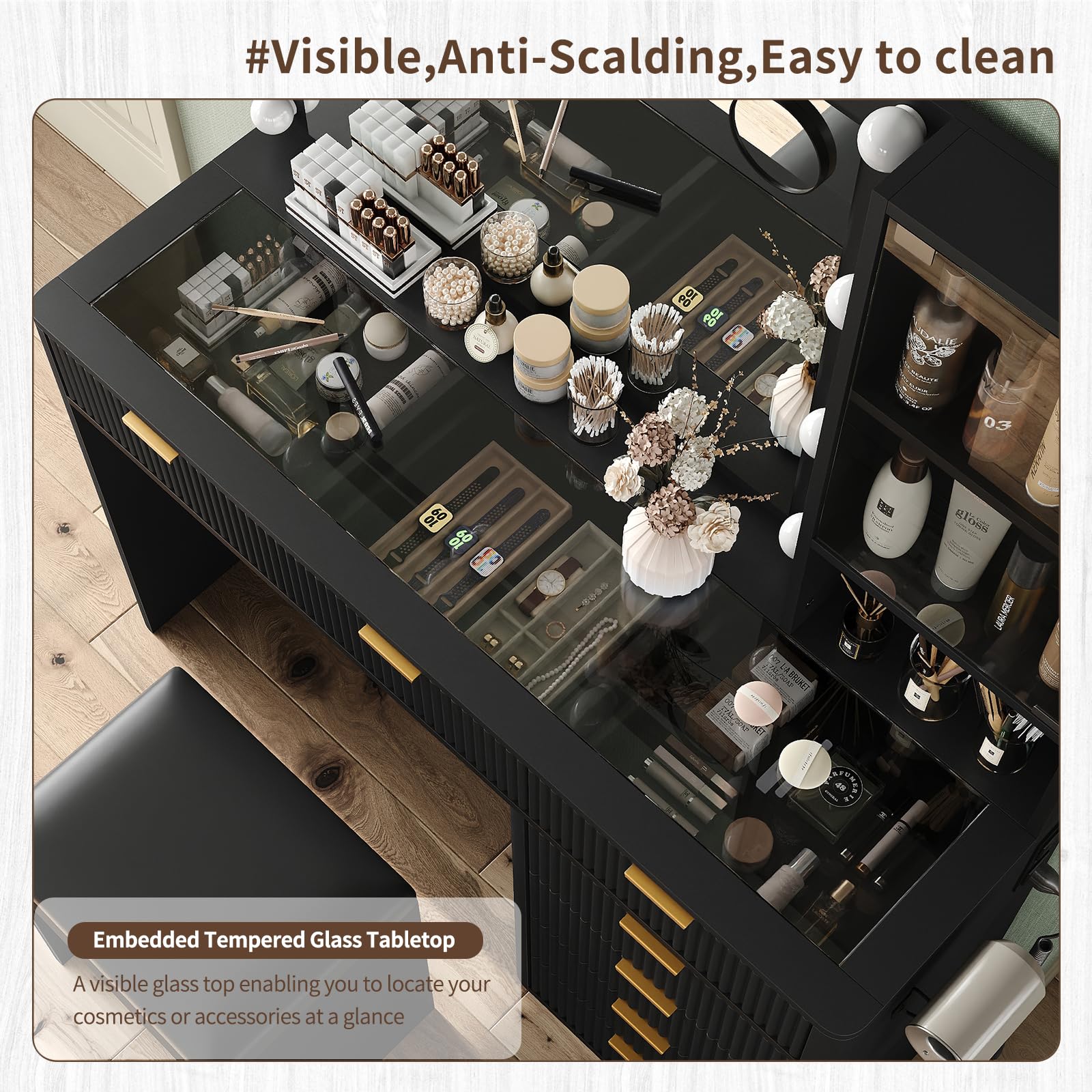 Yanosaku 47" Fluted Vanity Desk with Mirror & LED Lights, 7-Drawer Makeup Vanity with Glass Top & Cabinet, Vanity with Chair & Charging Station, 3 Lighting Modes, for Bedroom, Natural Oak: 7 Drawers Black