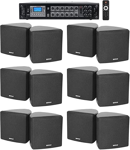Rockville RCS180-6 Bundle Amplificador de 180 vatios 6-Zone 70V ComercialRestaurante con Bluetooth, (6) Cube 3.5" Negro Comercial 70V Giratorio