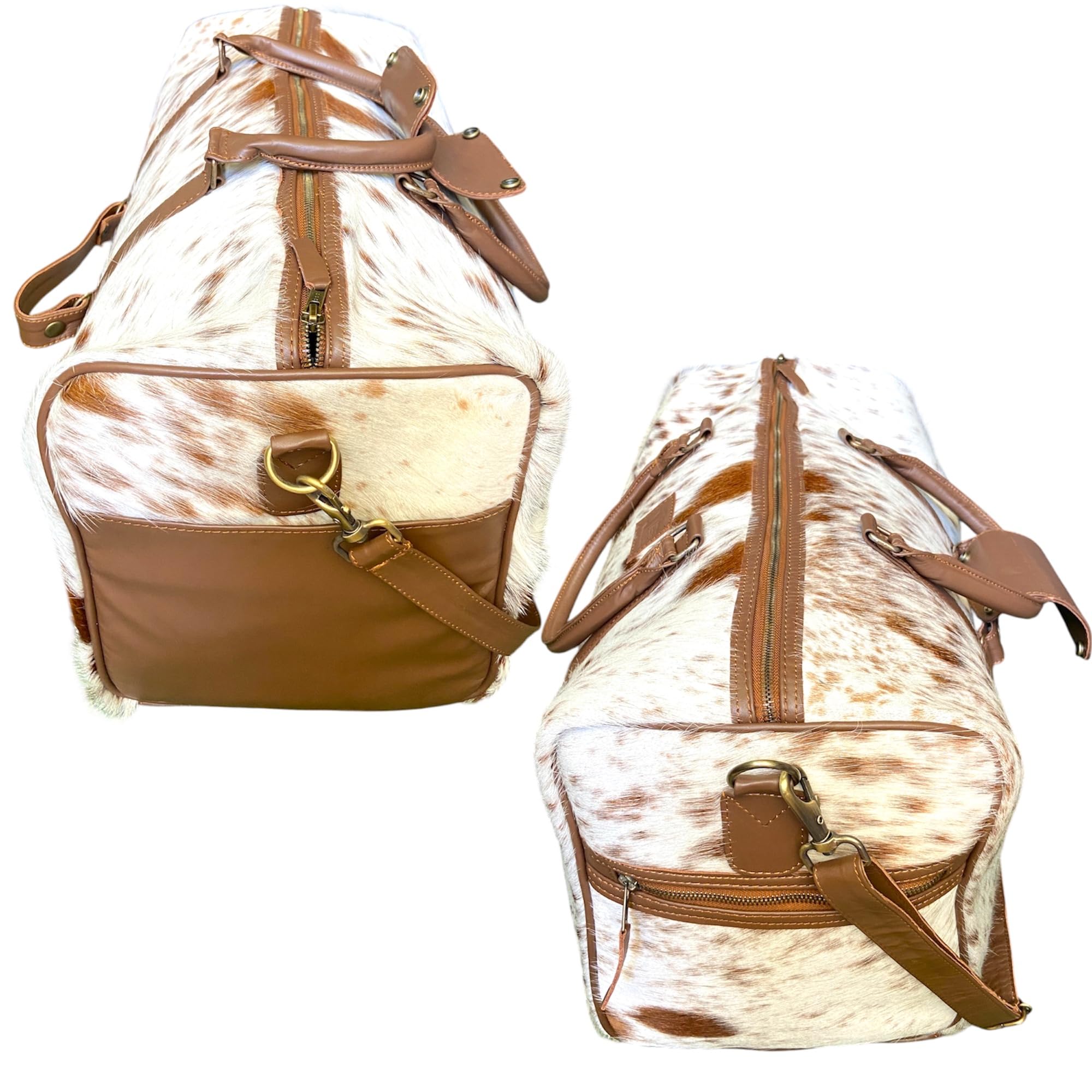 Bolsa de viaje unisex de piel de vacuno auténtica, bolsa de viaje para fin de semana, equipaje de noche de cuero vacuno marrón blanco con correa para el hombro, bolsa de viaje de mano, bolsa de viaje