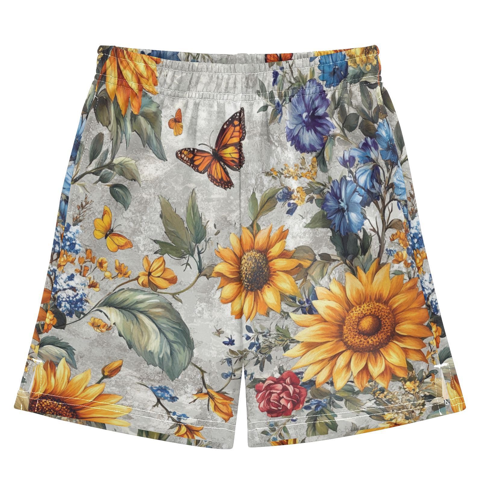 Athletic Shorts Boys with Pockets Running Short Pants XL Fall Flowers Sunflower Peony Butterflies Bees Birds