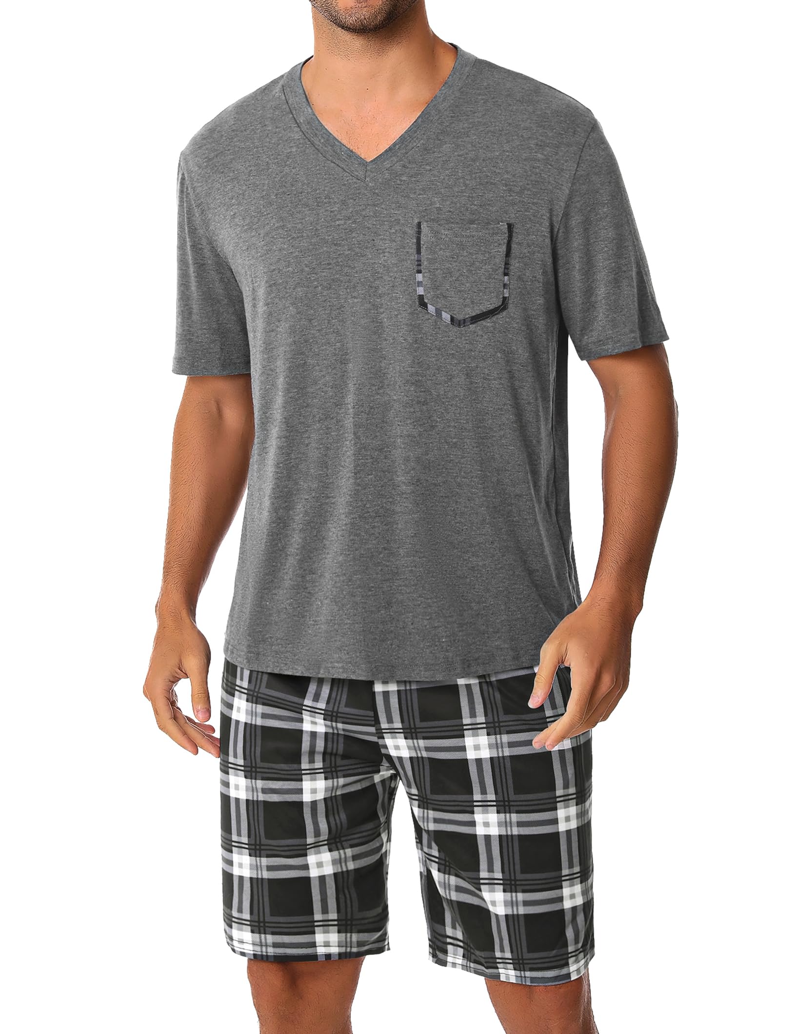 Sykooria Mens Cotton Pajamas Set 2 Piece Soft Sleepwear Short Sleeve Top & Plaid Shorts With Pockets