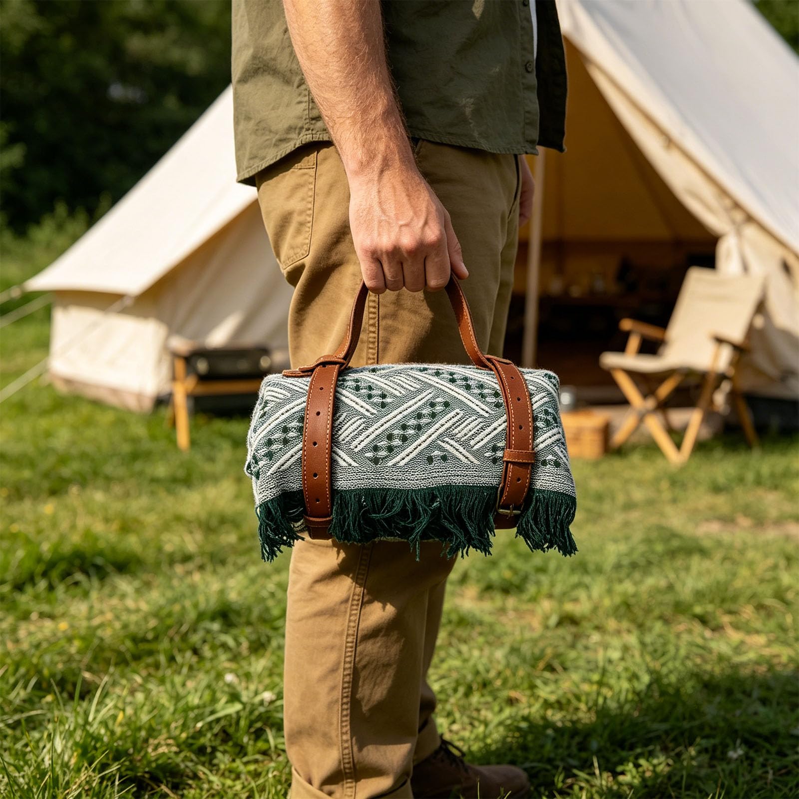 Große Outdoor-Decke mit Ledergriffen, 180 x 130 cm, Campingmatte für Strand und Reisen, Outdoor-Sitzmatte