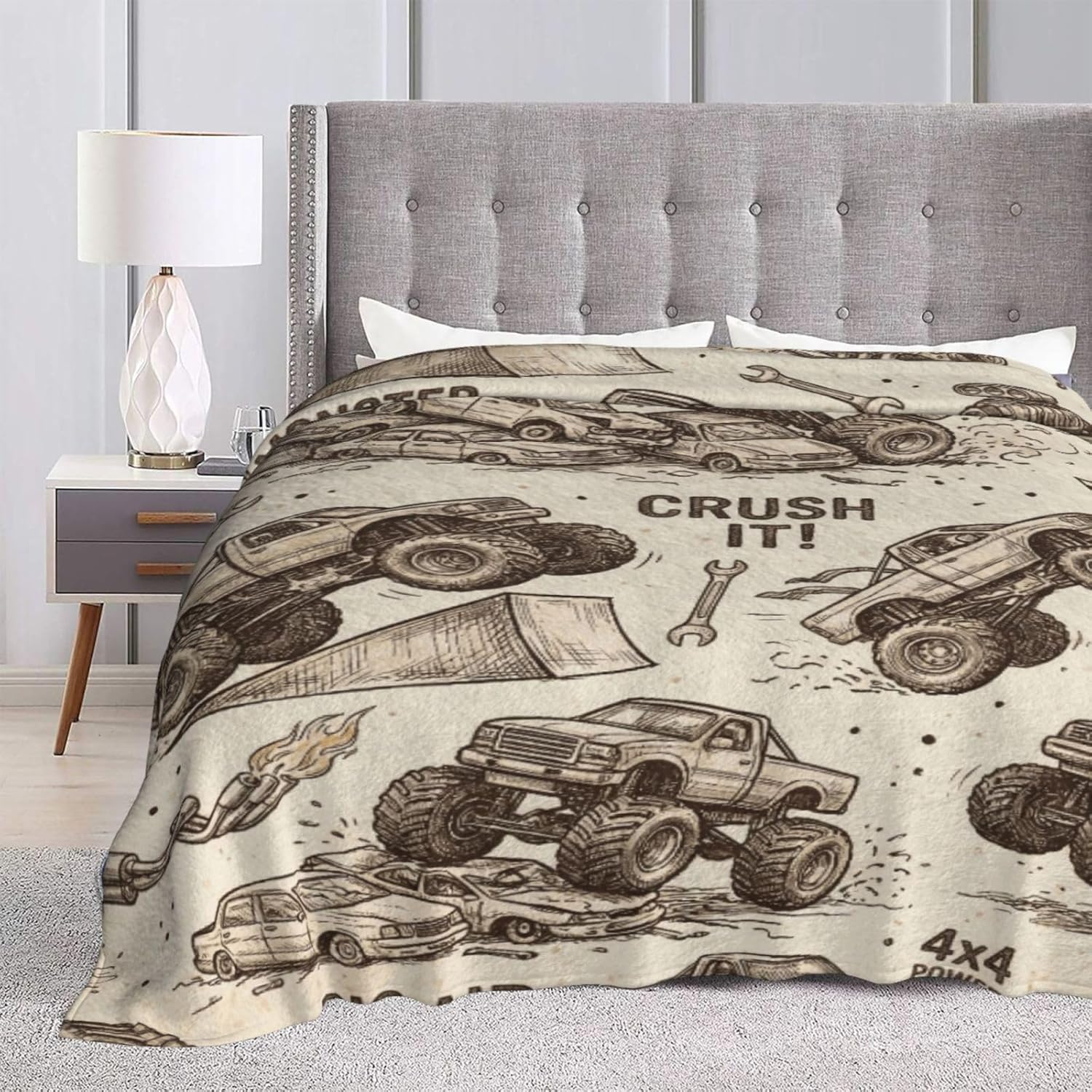 Perinsto Retro Monster Trucks Throw Blanket Ultra Soft Warm All Season Decorative Fleece Blankets for Bed Chair Car Sofa Couch Bedroom 50"X40"