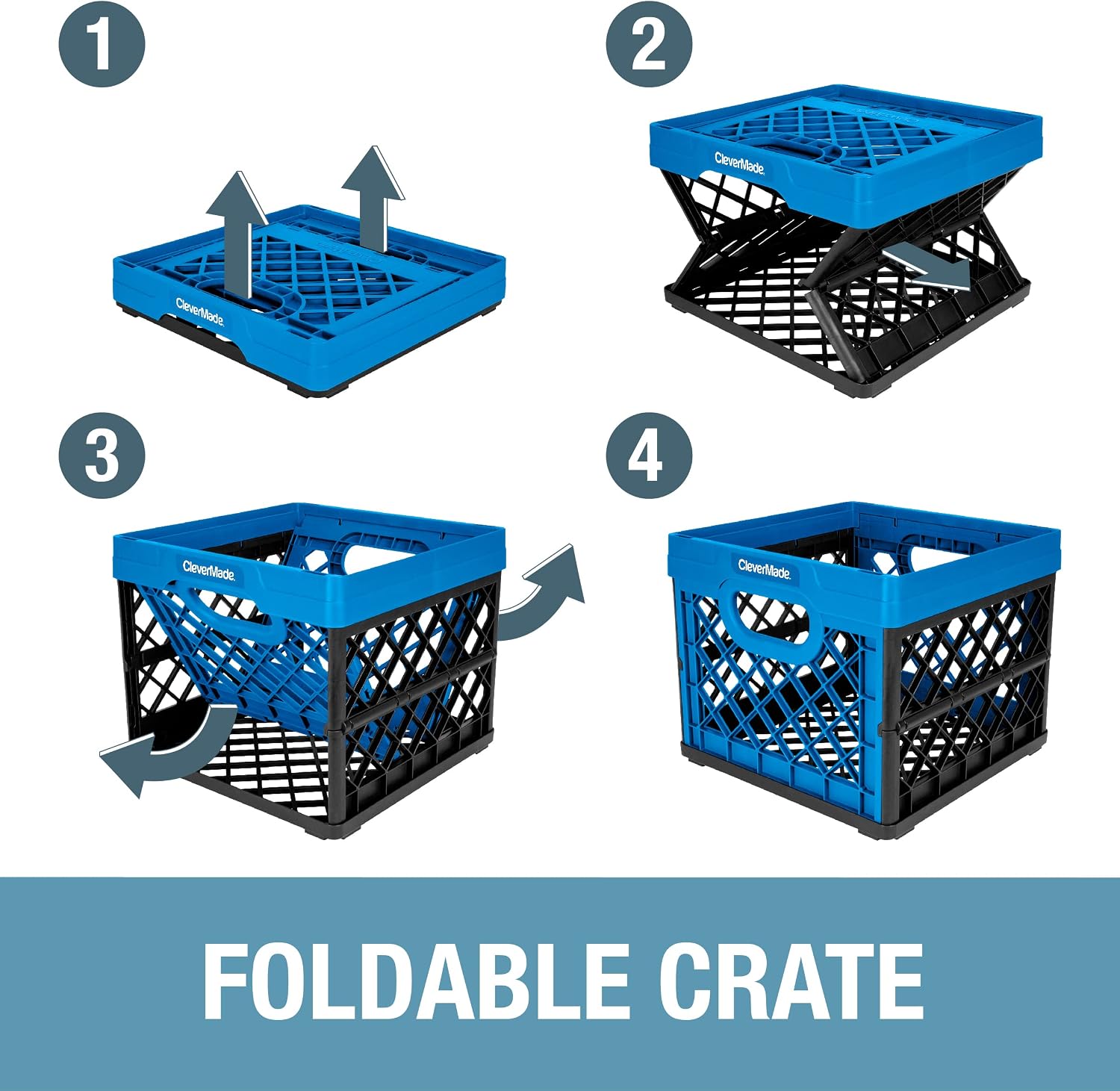 CleverMade - Collapsible Milk Crates, 25L Plastic Stackable Storage Bins CleverCrates Utility Folding Baskets, Pack of 3, Black