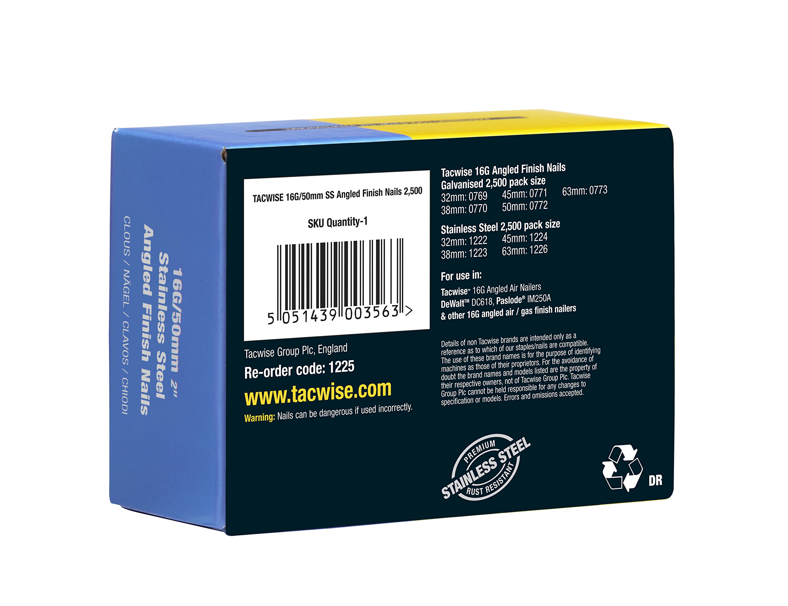 Tacwise 1225 Clavos de Acabado 16G/50 mm, Acero inoxidable, Caja de 2500 | Inclinados 20°