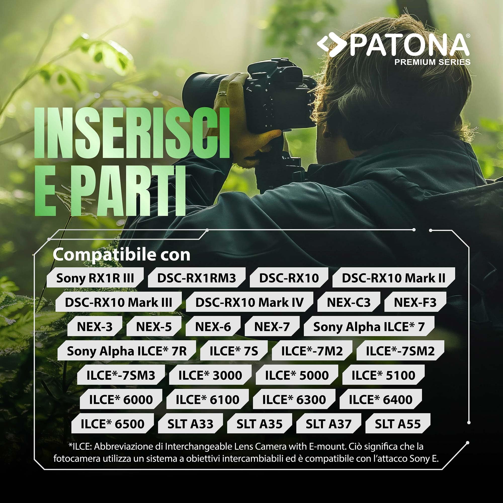 PATONA PREMIUM Batteria NP-FW50 1100mAh / 7,2V / 7,9Wh compatibile con Sony Alpha 7 A7 A7S A7R A7II A6000 A6300 A6400 A6500 RX1R III DSC-RX1RM3 DSC RX10 Mark II III IV NEX-3 NEX-5 NEX-6 NPFW50