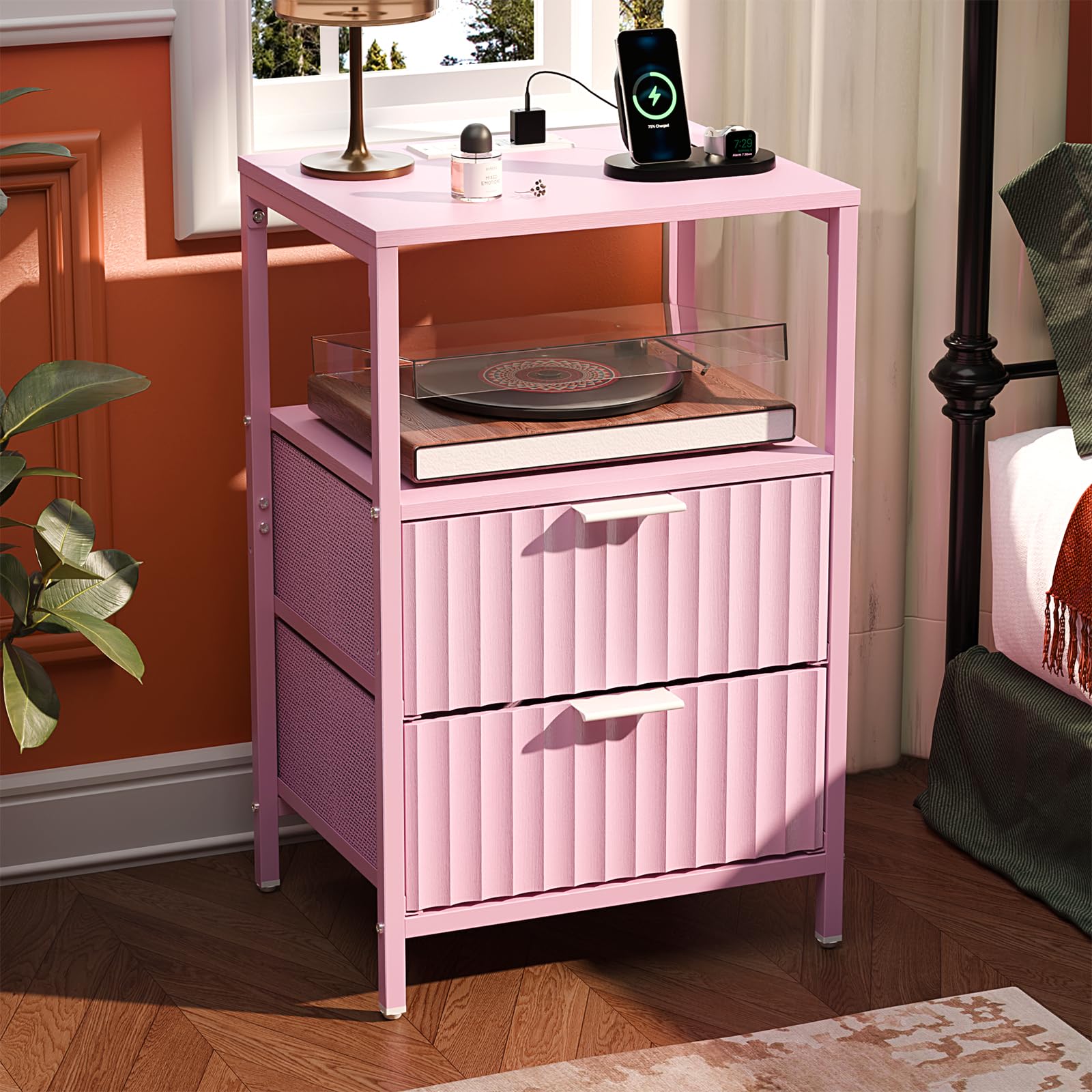 VINGLI Pink Nightstand with Charging Station and Fabric Drawers, Fluted Nightstand with Drawers, Night Stand Pink Bedside Table with Charger Station for Bedroom, Kids Room, 14.96" W*11.81" D*23.78" H
