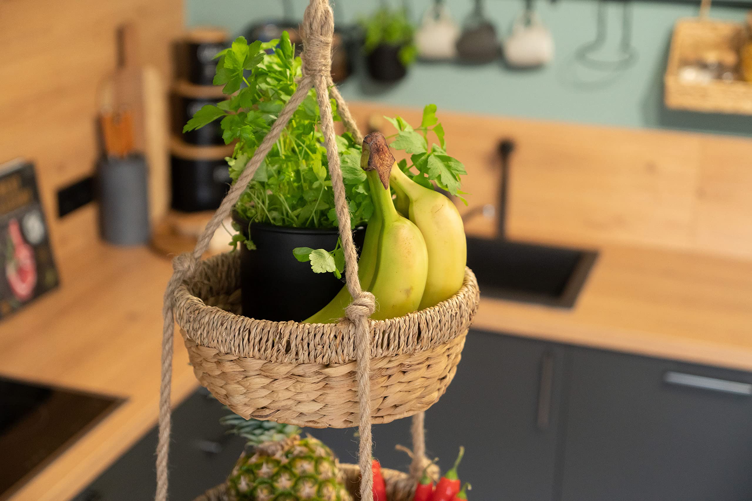 Hangende muur fruitmand, afneembare muur opknoping fruit netzak, opslag geweven manden, muur decoratieve plantaardige fruit opbergmand (wit