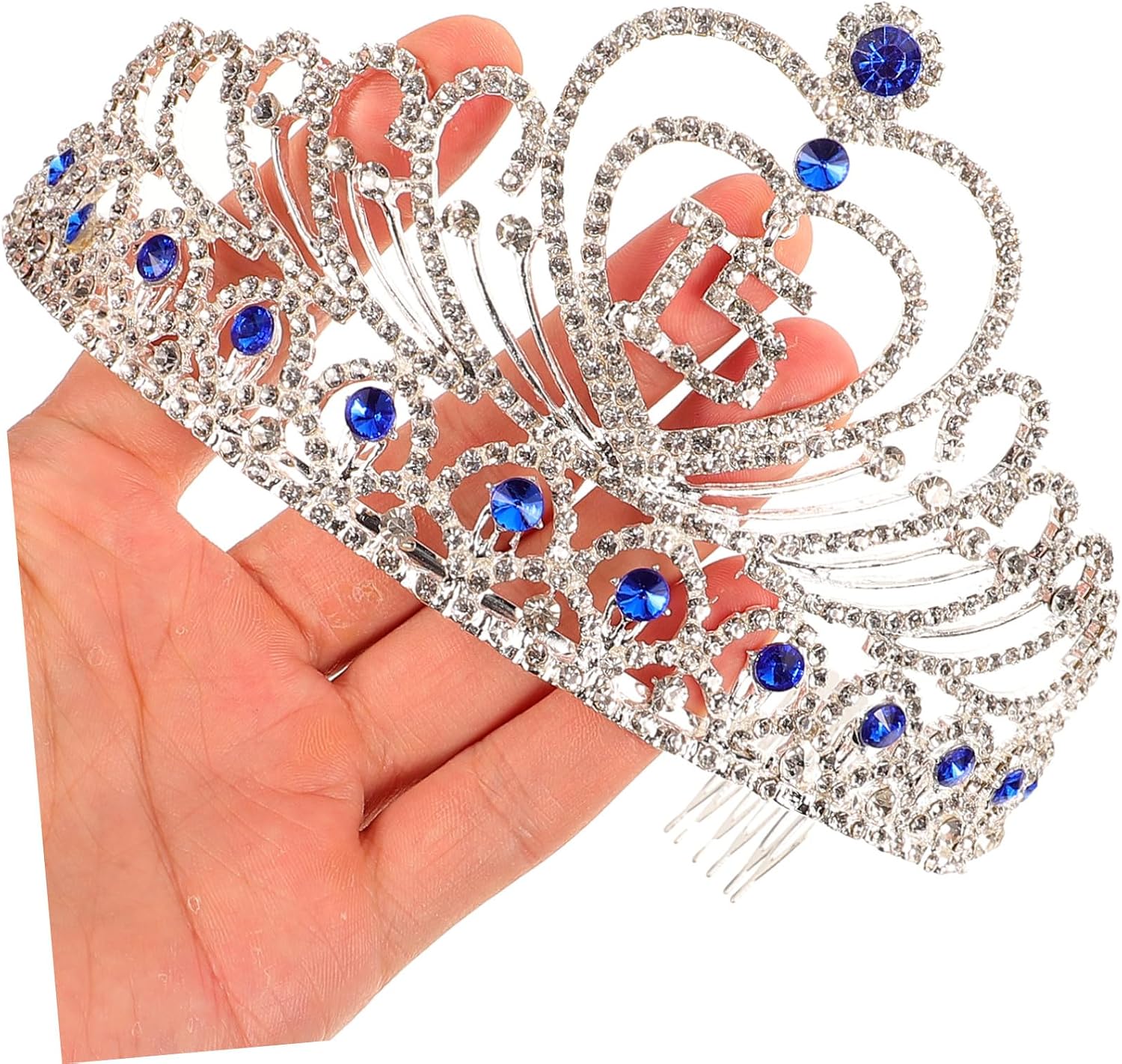 Birthday Party Rhinestone Tiara Crown Headband Blue Sweet 15 Quinceanera Girls Accessory 6.69X5.51X3.54 Inch