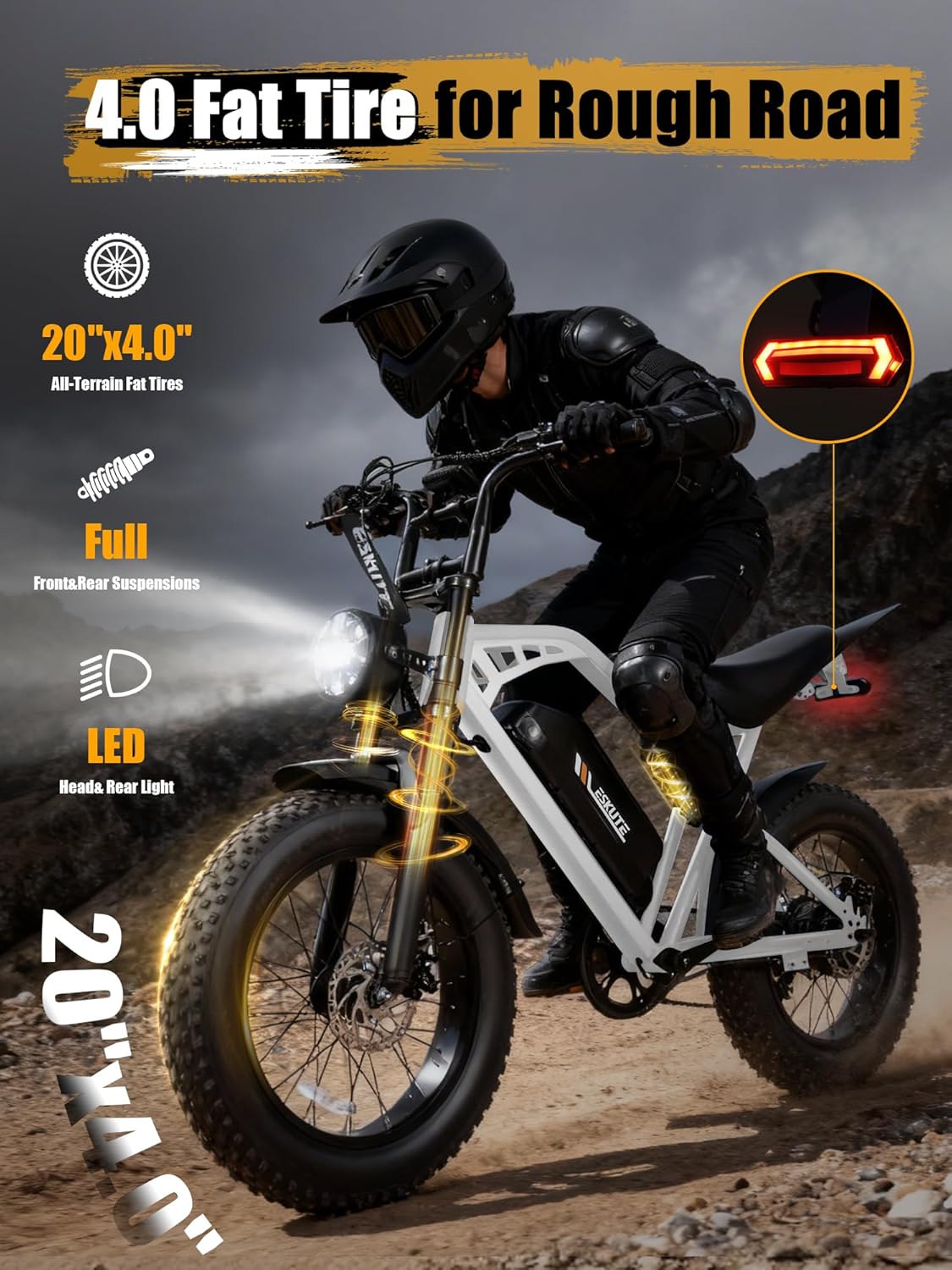 Electric Dirt Bike Adults, 1300W Peak 52V20.8Ah ebike, 32MPH 20" x4.0 Fat Tire, Streamlined E-Motorcycle with 7 Speeds for Youths, V200，White Standard