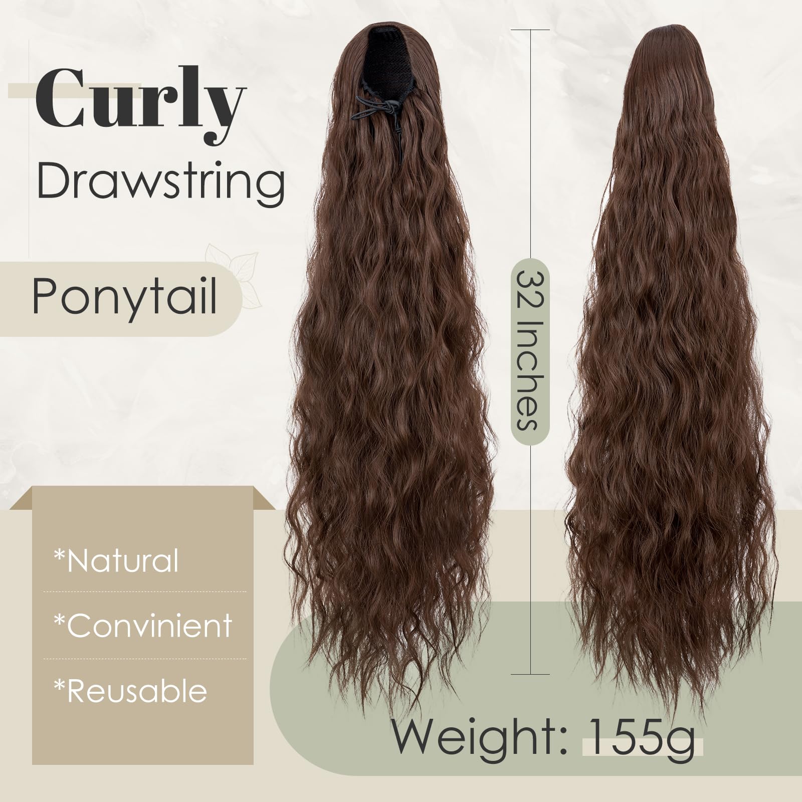TESS 32 Inches Drawstring Ponytail Extension, Corn Curl Hair Pieces for Women 155g Curly Ponytail Extension, Chestnut Brown - Image 2