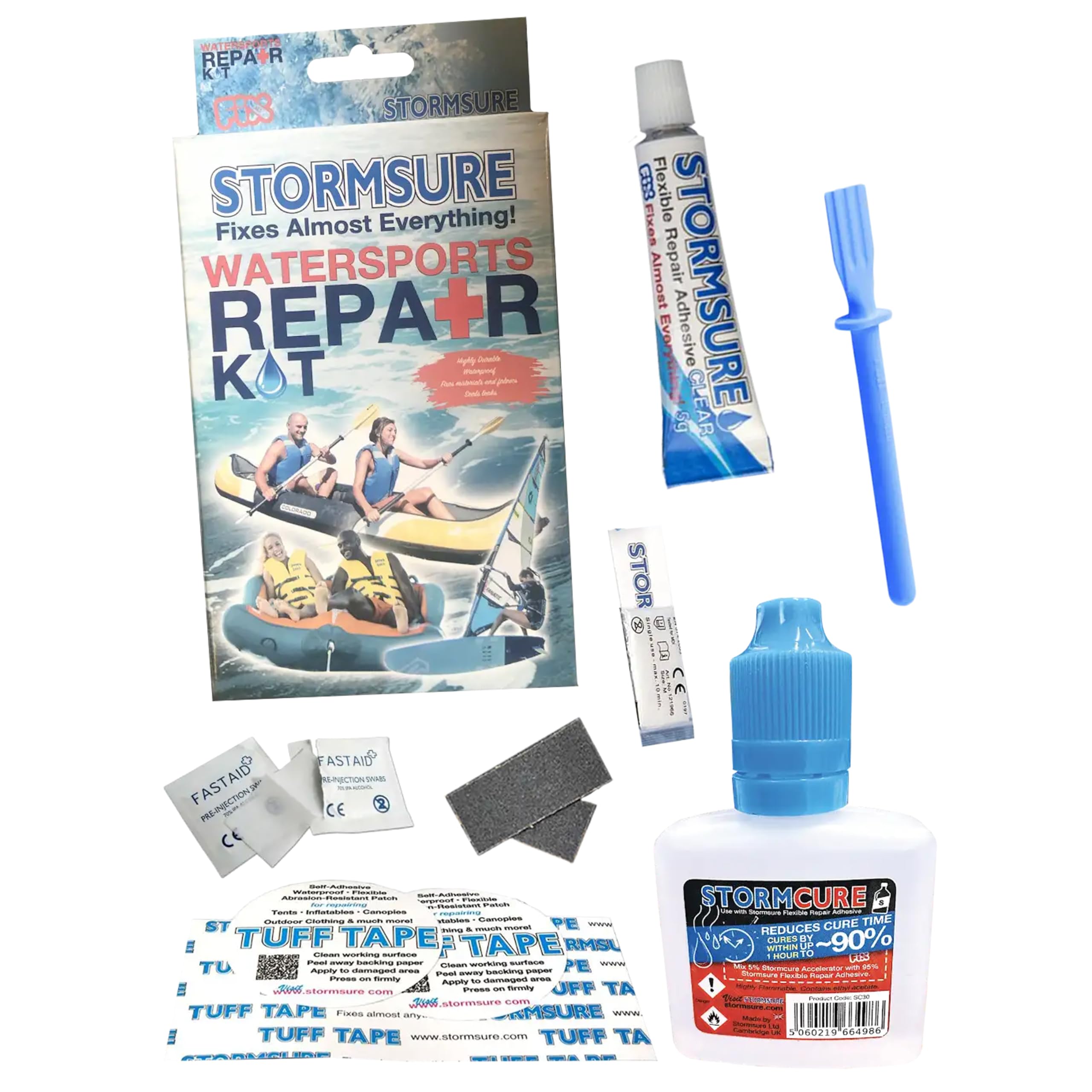 Stormsure Rapid Repair - Water Sports Repair Kit + 30ml Stormcure Accelerator: 10x Faster Curing Time for Watersports Equipment