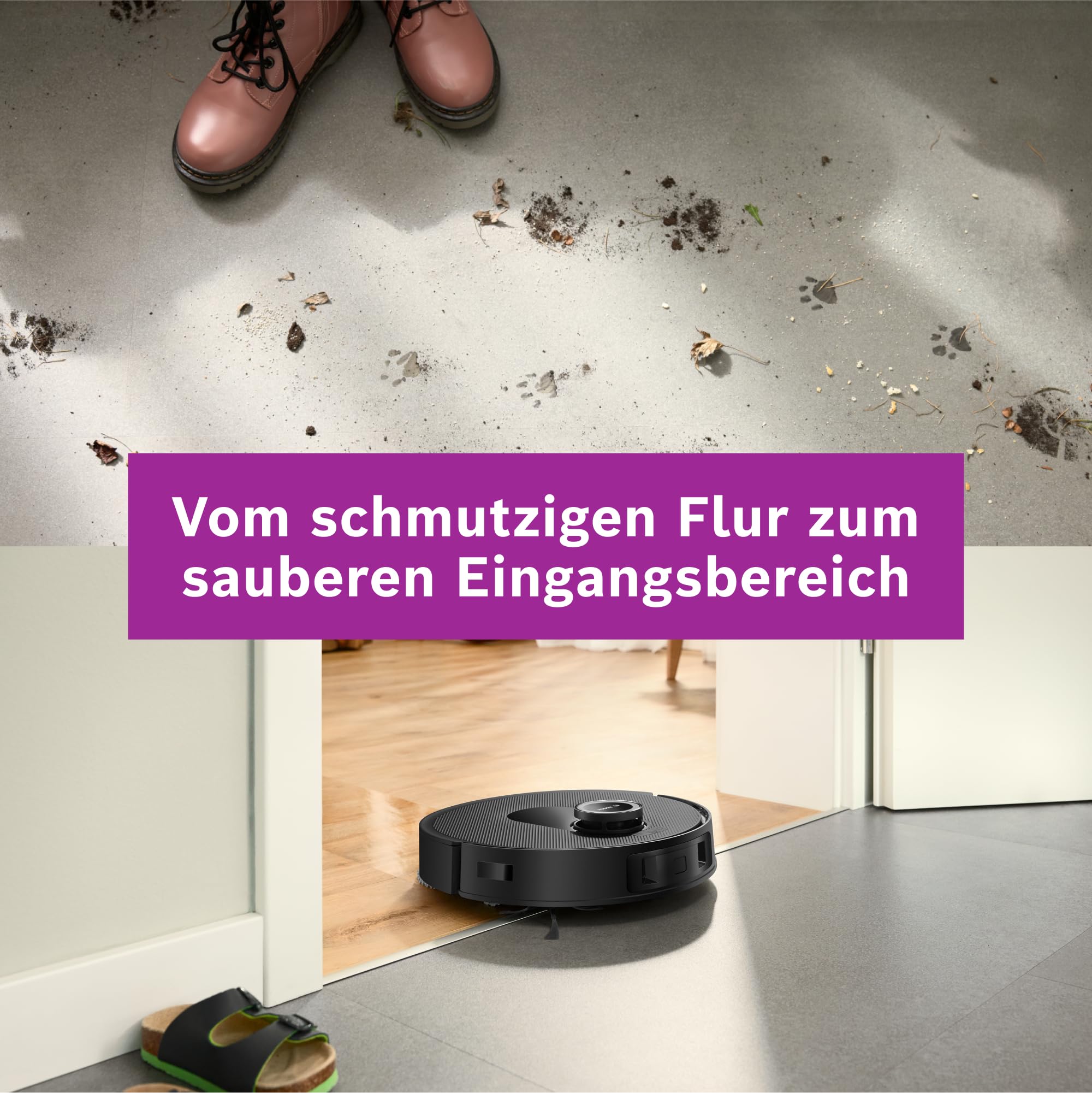 Bosch Spotless Max BCRDW3B Saugroboter mit Wischfunktion, 11.000 Pa Saugkraft, rotierende Wischpads, Nass-Trocken-Servicestation, Selbstreinigung, Smart Vision Navigation, Steuerung per App, schwarz