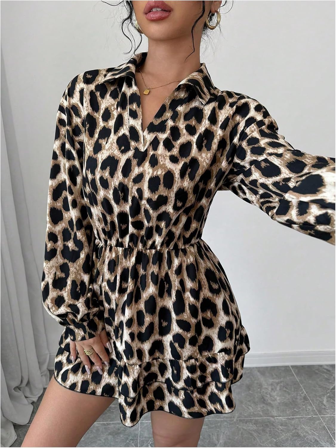 GORGLITTER Women's Leopard Print Dress Cheetah Long Sleeve Ruffle A Line Birthday Cocktail Wedding Guest Mini Dresses - Image 3
