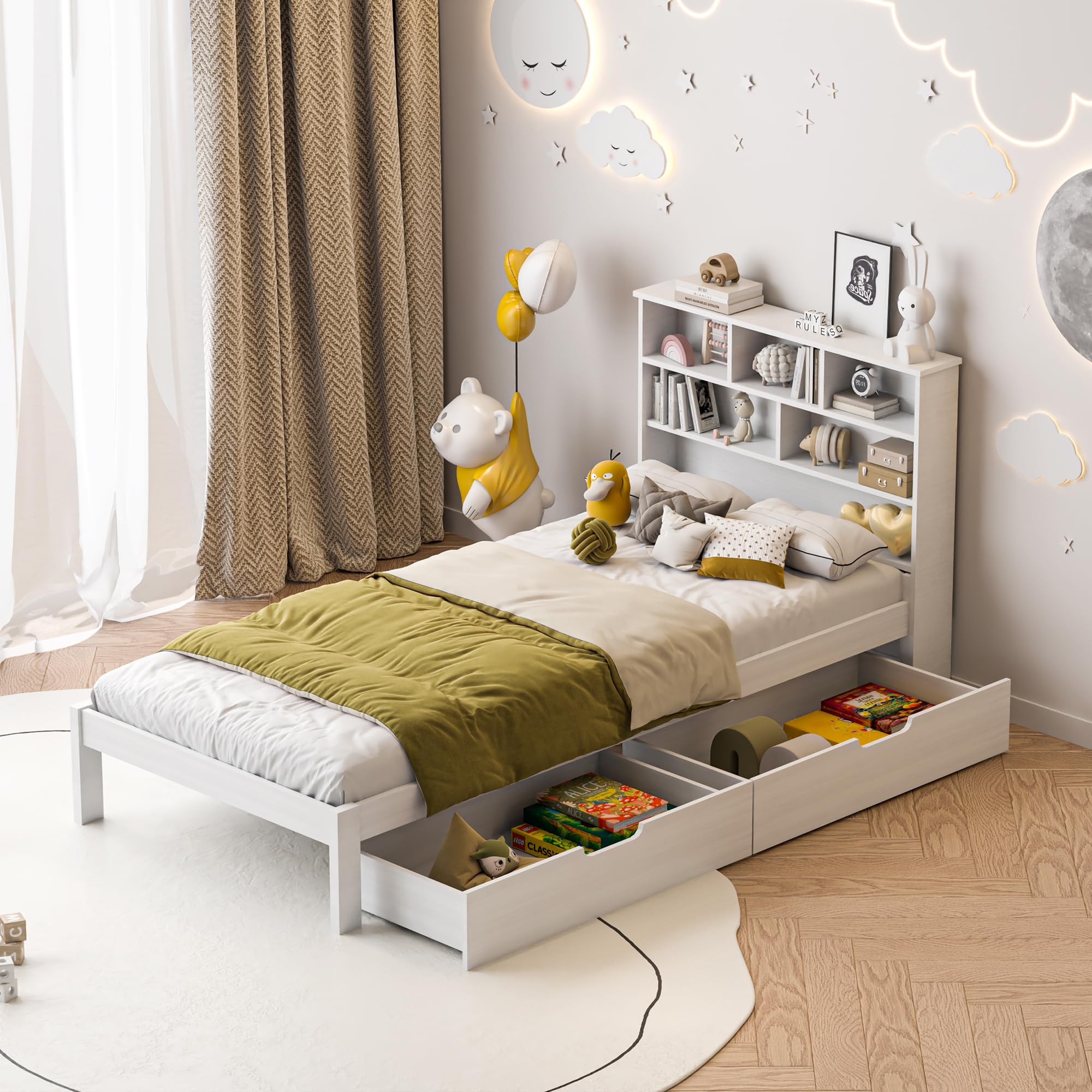 Cama individual infantil genérica 90 x 200 con 2 cajones de almacenamiento, cabecero con estantes, apto para adolescentes, cama multifuncional, marco de cama con somier de láminas, sin colchón, color
