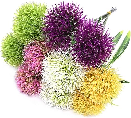 CATTREE Flores artificiales de diente de león, 5 colores, 2 unidades, morado, rosa, blanco, verde, amarillo, total de 10 unidades. Plantas de