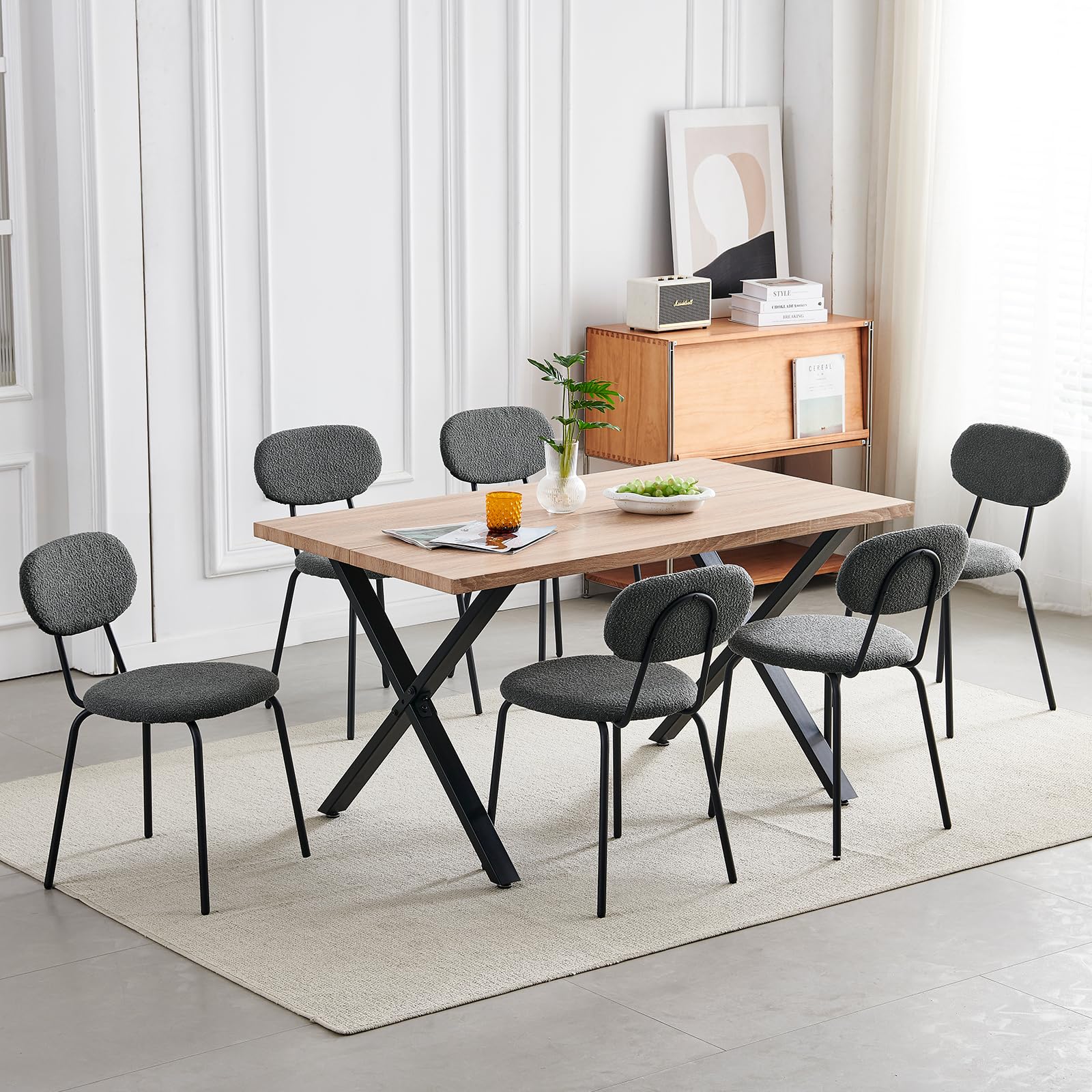 WAFTING Sillas de Comedor Pack de 6, Sillas de Cocina Apilables con Tapizado de Tela Teddy y Patas de Metal, Adecuadas para Salón, Cocinas, Salas de Estar, Dormitorios-Gris Oscuro