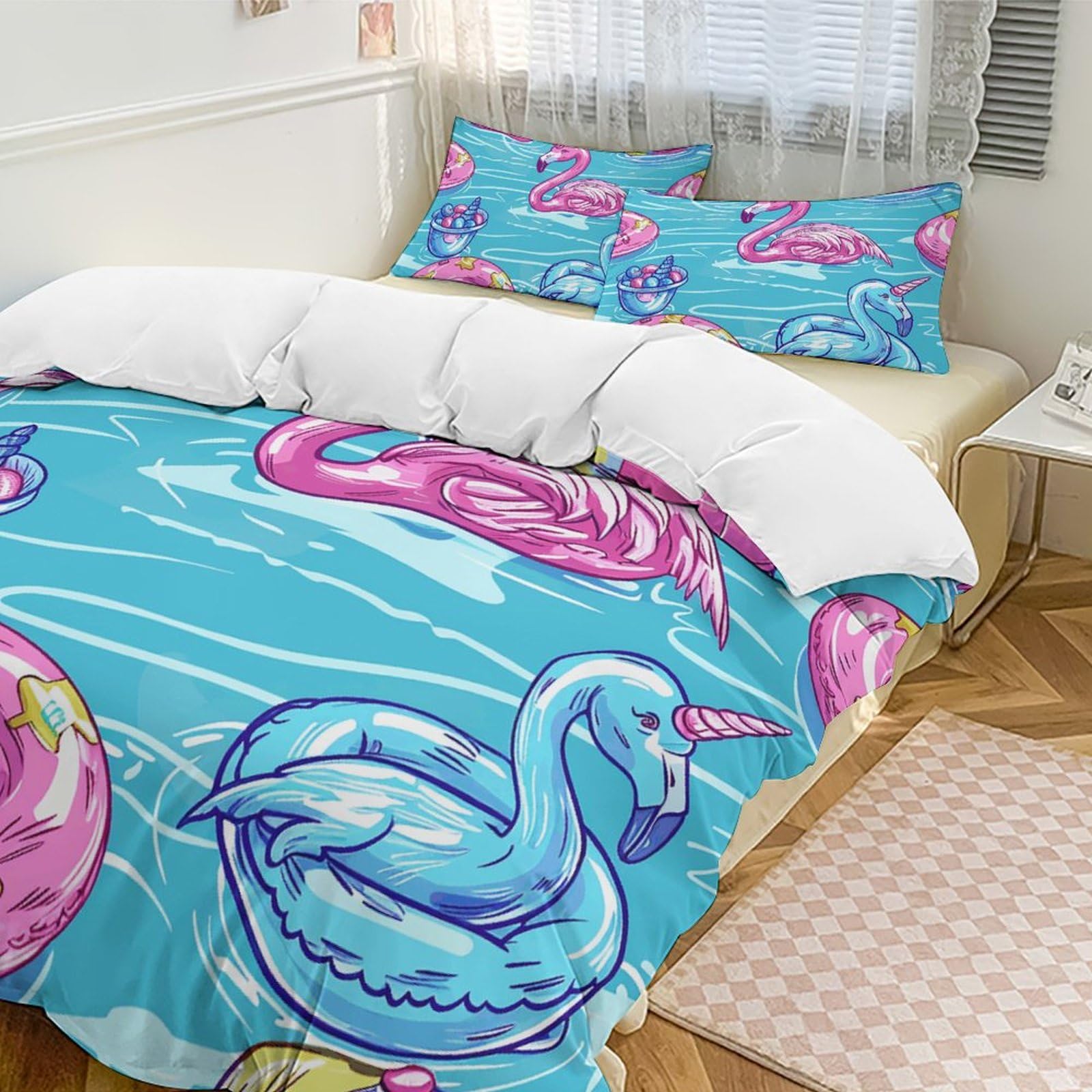 Parure de lit 3 pièces bleue 228x228 cm en microfibre légère dessinée main avec 2 taies