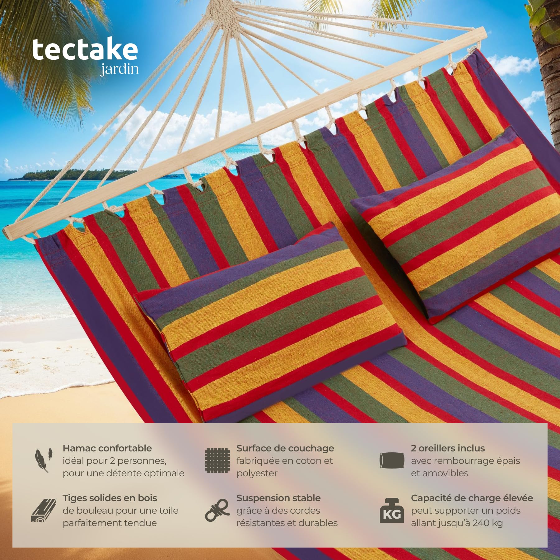 tectake® Hamac 2 Places Hamac Double Exterieur avec 2 Oreillers extérieur, 325x150x2,5 cm, Supporte Max. 240 kg, Couchage 230x 145 cm, pour Relaxation Terrasse Exterieur Piscine Jardin Balcon Veranda