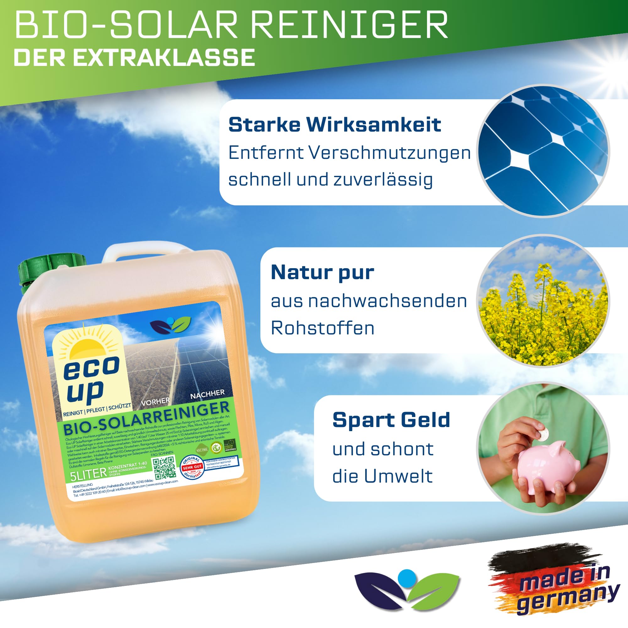 Bio-Solarreiniger, 5 Liter, Konzentrat 1:40 verdünnbar, Photovoltaik, Balkonkraftwerk, Solarmodul Reiniger, biologisch abbaubar, materialschonend, ergiebig, langlebig, inkl. Auslaufhahn