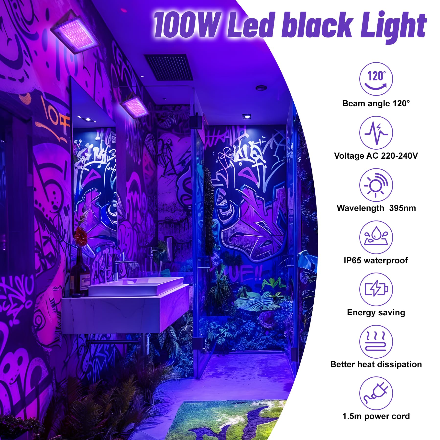 Luce Nera UV per Festa, 2 Pezzi Luce UV 100W, Lampada UV 395nm, IP65 Impermeabile, Blacklight per Feste Glow, Decorazioni Halloween, Discoteca, Illuminazione Palco, Accessori per Feste