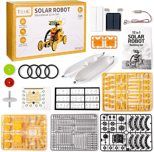 Miniatura 5 de TEMI STEM - Juguetes de robot solar 12 en 1, 190 piezas solares y celulares 2 en 1, kit educativo de montaje de bricolaje, juego de construcción