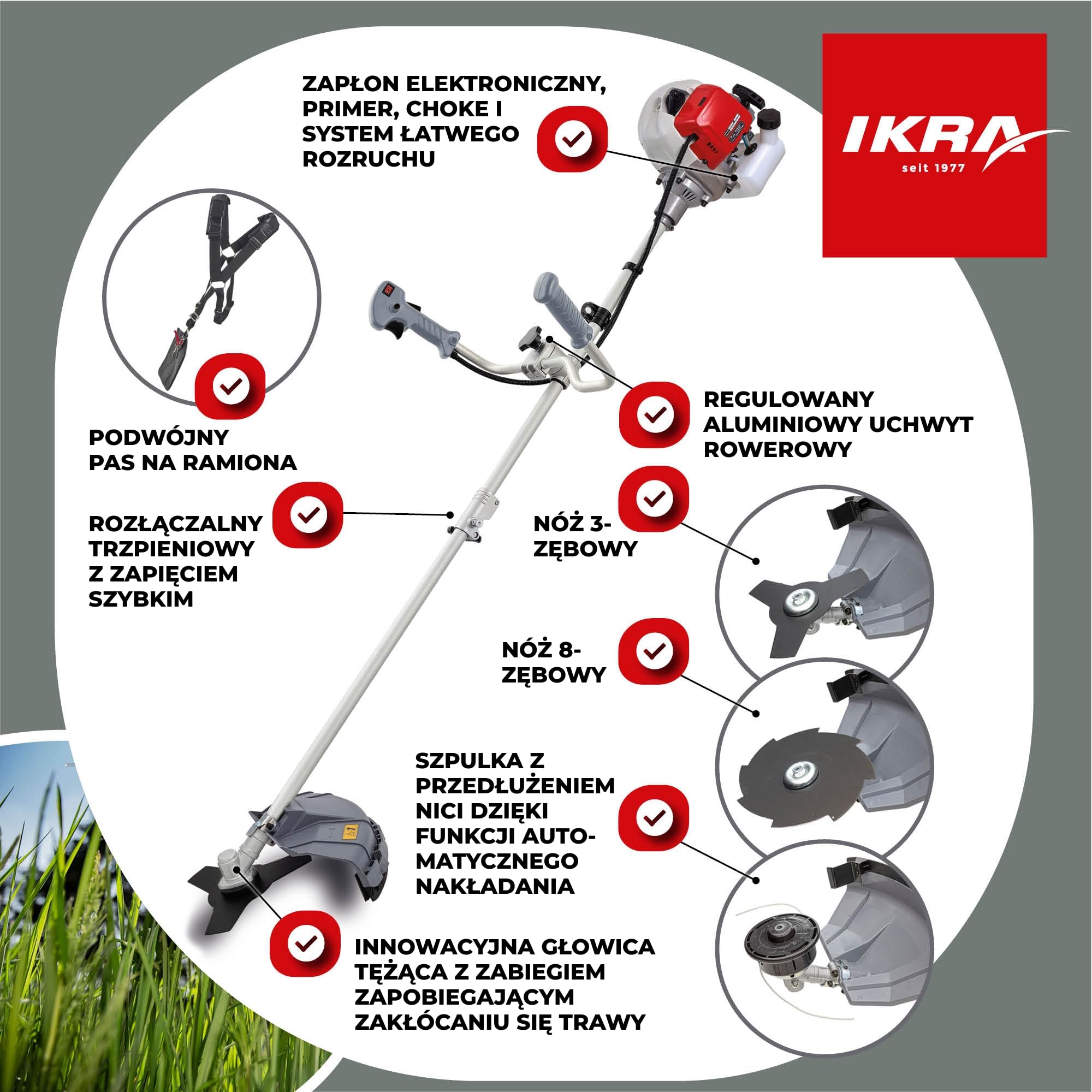 IKRA Podkaszarka spalinowa IBF 43 z przydatnymi akcesoriami 42,7cm³ 1,1 kW | W zestawie nóż 3- i 8-zębny, 2 szpule i pas naramienny,mocny silnik 2-suwowy,łatwy rozruch i uchwyt rowerowy