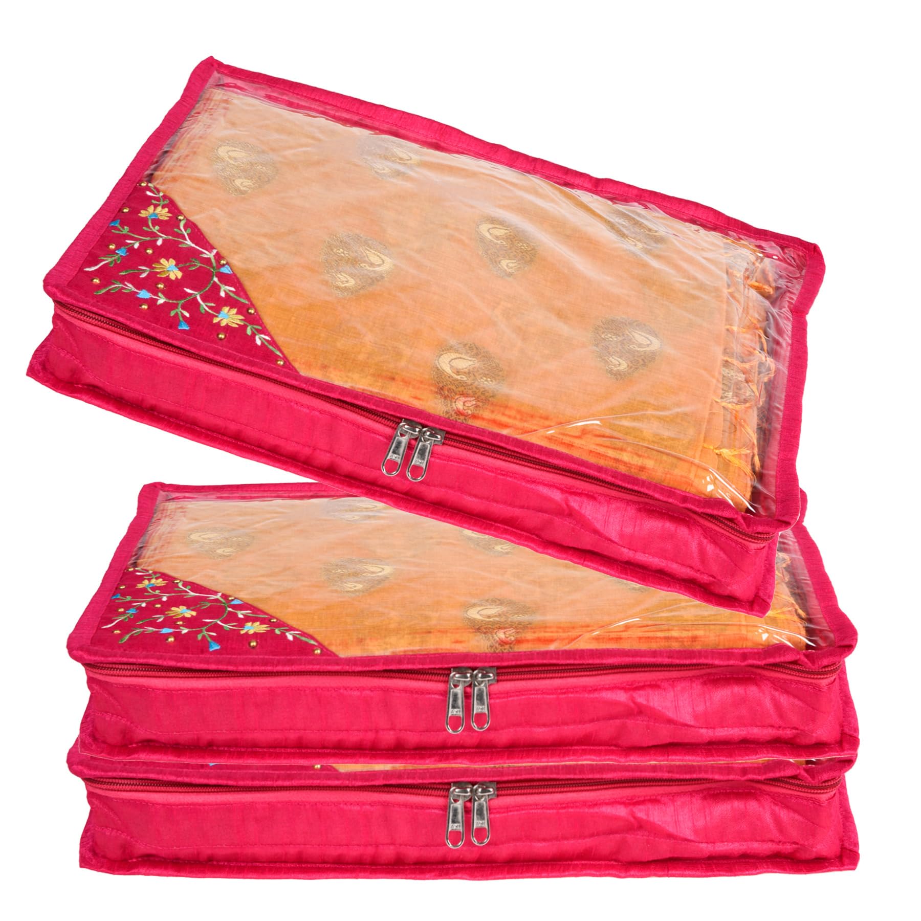 Kuber Industries Satin Saree Cover | Side Embroidery-Design Clothes Storage Bag | Suit Packing Cover | Wardrobe Cloth Storage Organiser With Zip | 3 Inch | Pack Of 3 | Pink-image-41
