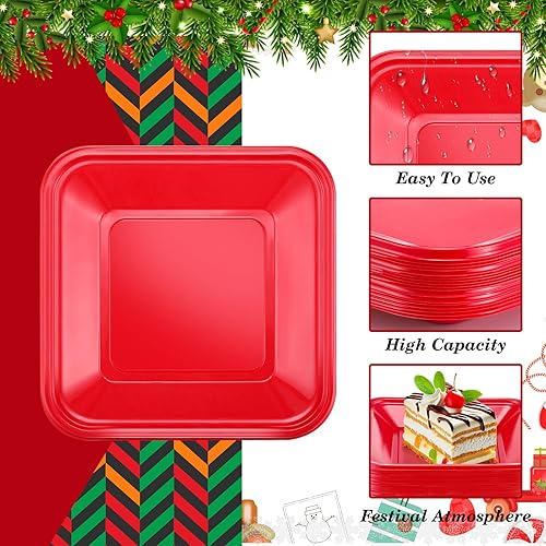 Miniatura 3 de 100 platos cuadrados combinados de Navidad, platos desechables de plástico rojo de 6.9 pulgadas y 9.5 pulgadas, platos a granel para cenas y postres