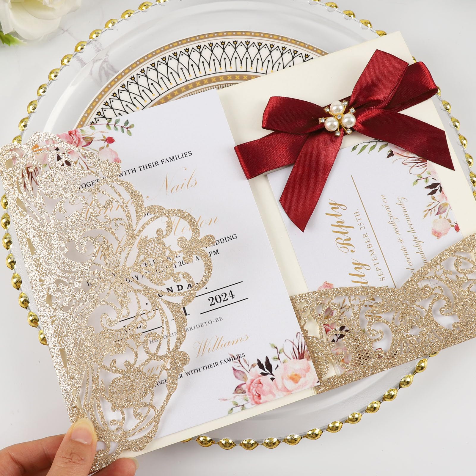 25 invitaciones de boda personalizadas en blanco con purpurina dorada cortadas con láser, con sobres y tarjetas Rsvp para boda, despedida de soltera, quinceañera, invitación de 15 años