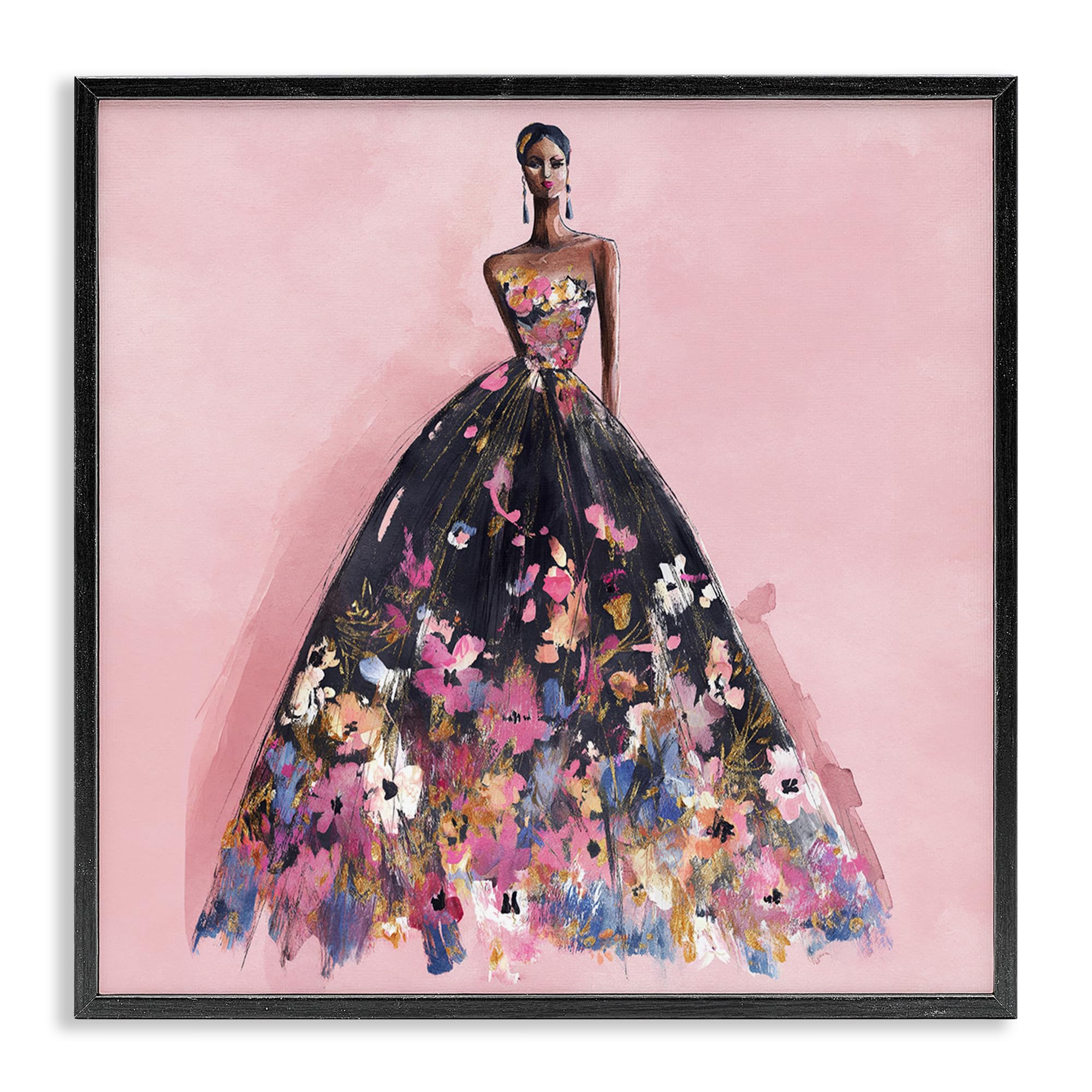 Stupell Industries Midnight Black (Textured) Floral Reverie Gown Fashion Glamour, 24 X 24 Inch Framed Giclée Print