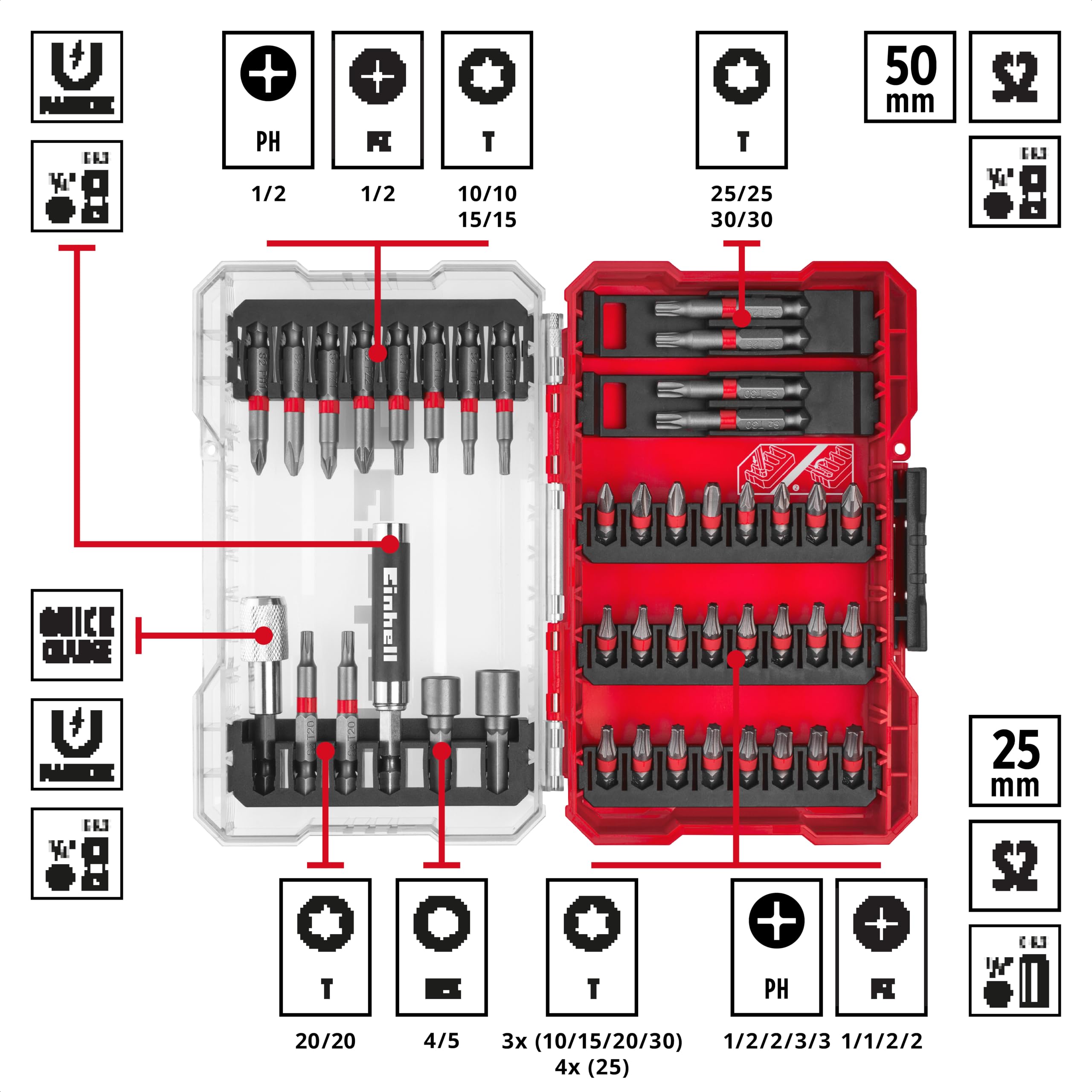 Einhell M-Case Zestaw Bitów, Czaerwony, 42 Elementy