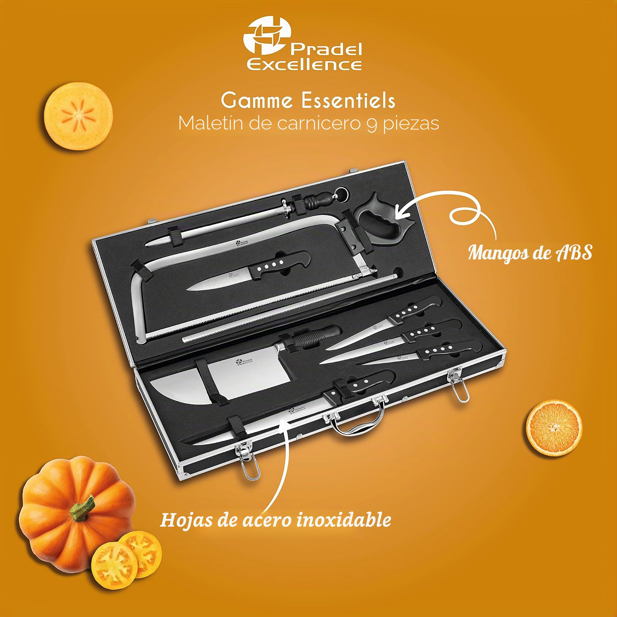 Pradel Excellence – Maletín para cuchillos de carnicero de 9 piezas – Cuchillos de carnicero, sierra, afilador – acero inoxidable 420J2 – Maletín de aluminio – Logotipo grabado, negro y plateado