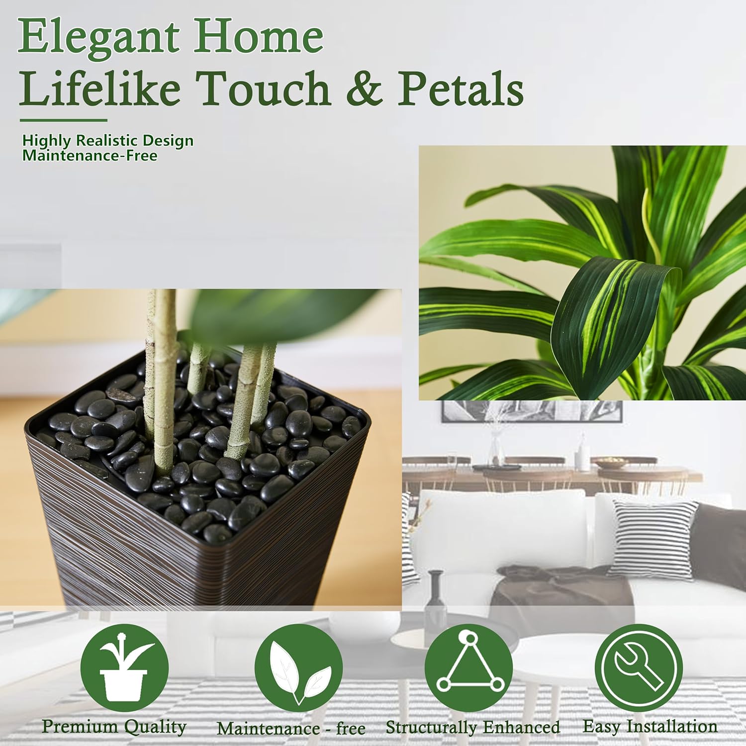 Artificial Dracaena Tree:6FT Faux Silk Tropical Yucca Floor Trees Realistic Fake Green Plant with Natural Wood Trunk & Lifelike Leaves for Home Office Decor Indoor & Outdoor (6FT,1-Pack,Black) - Image 4